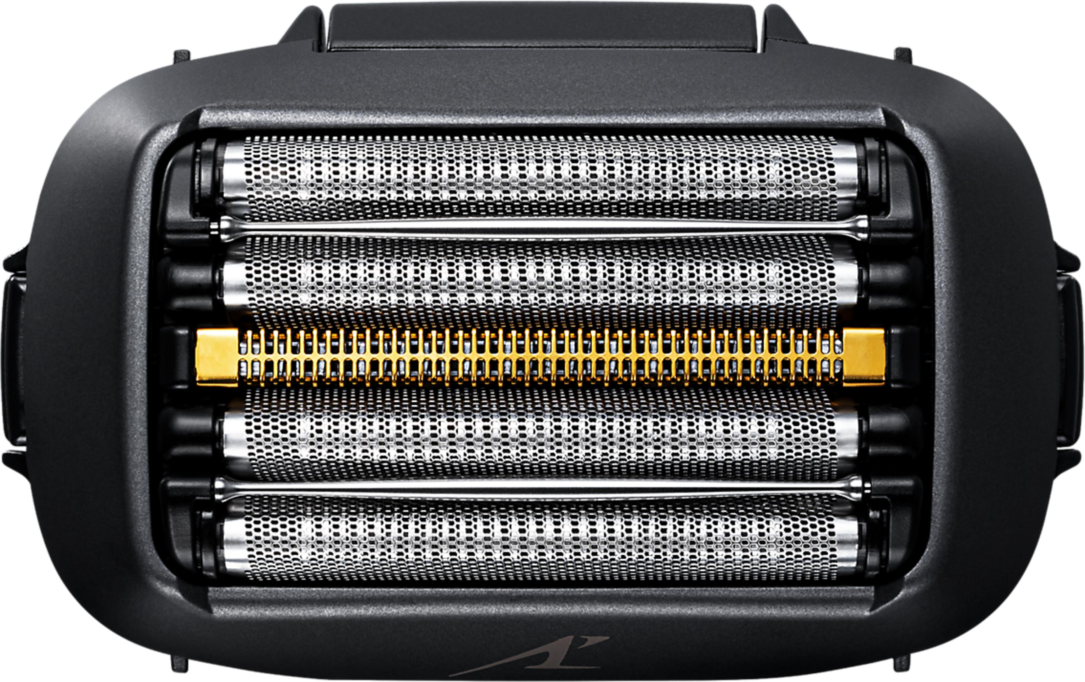 Zbliżenie czarnej głowicy golarki z czterema srebrnymi elementami tnącymi, z których jeden jest złoty.