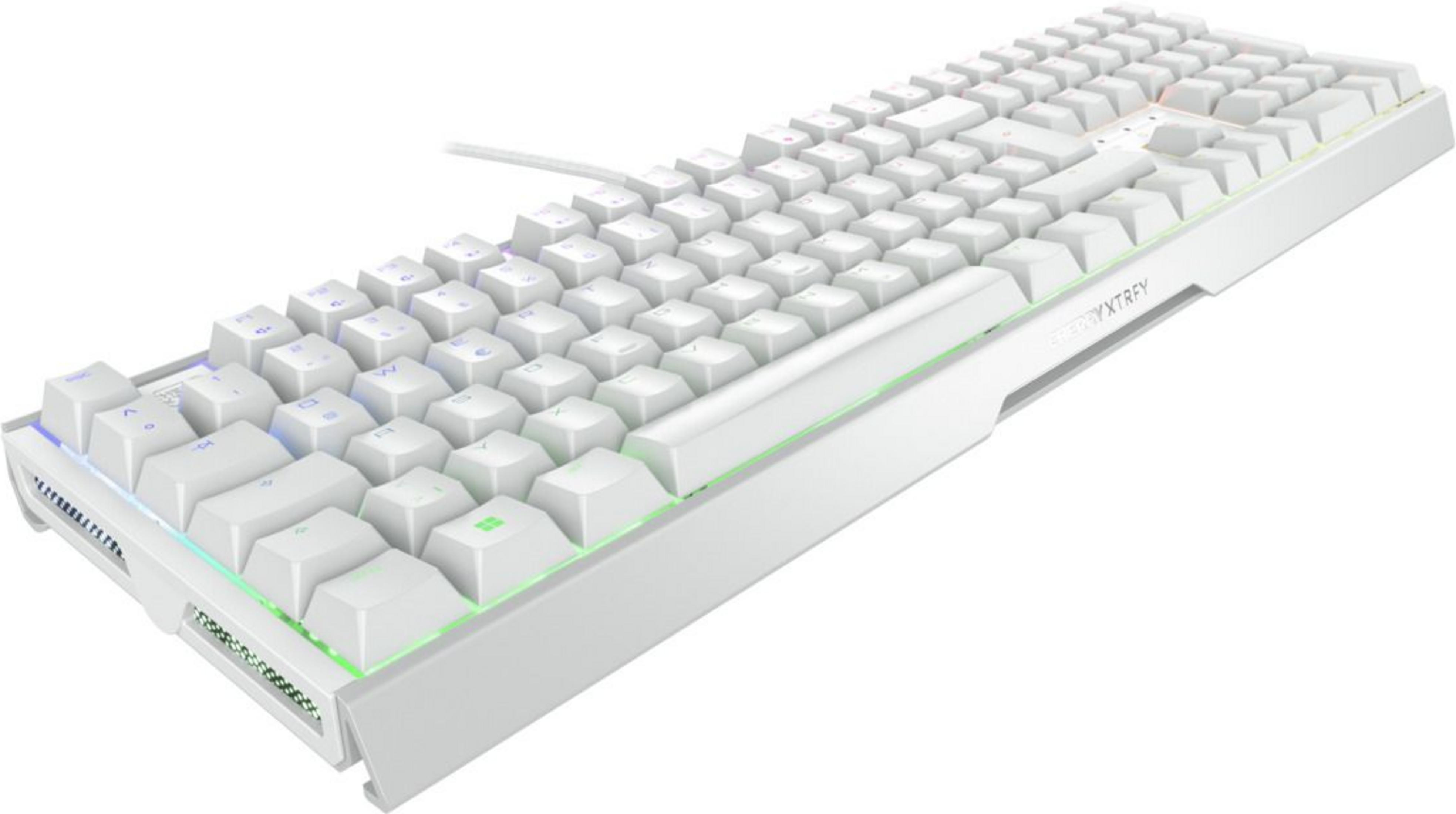 Biała klawiatura z podświetleniem RGB i plecionym kablem.