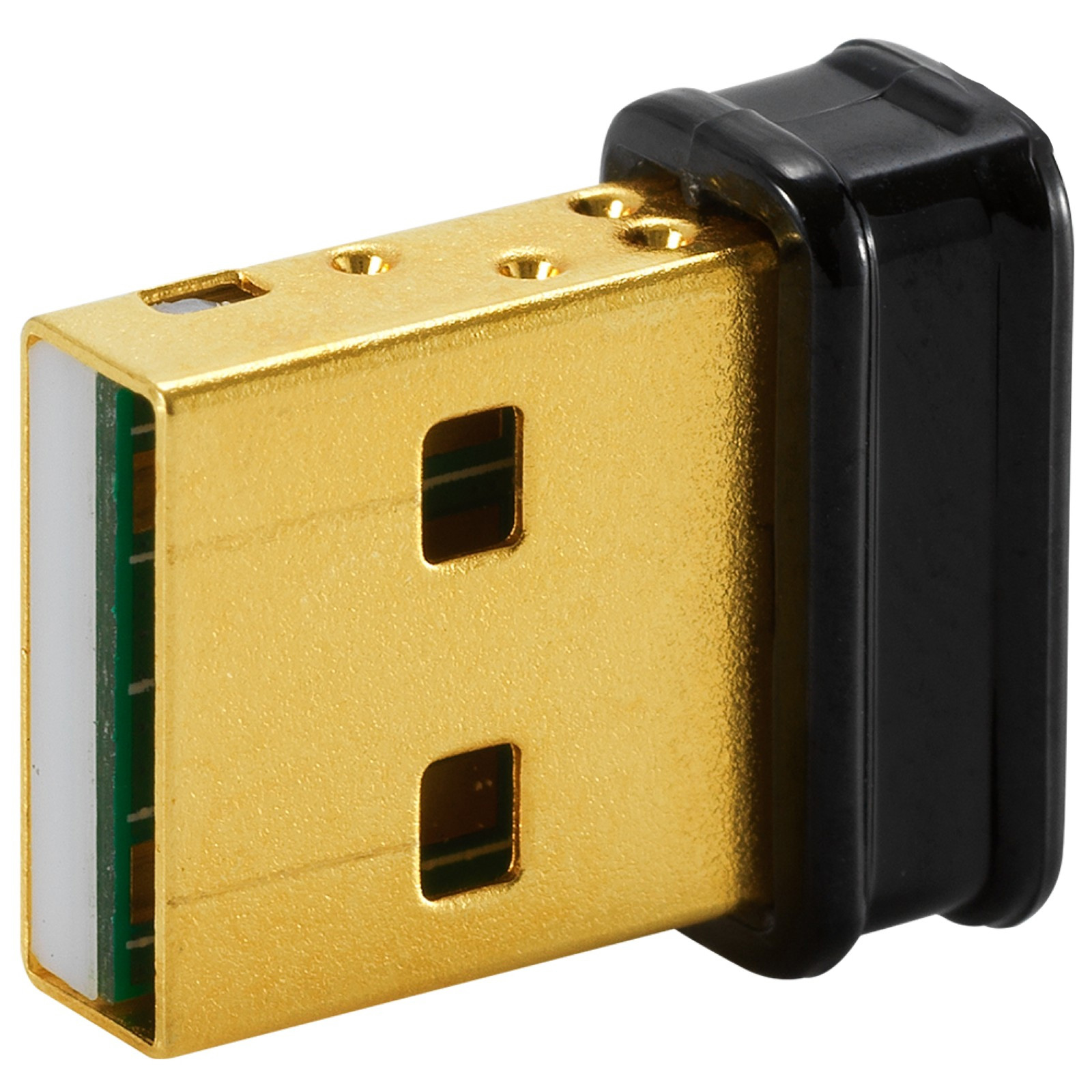 Conector USB dorado con carcasa de plástico negro, vista cercana.