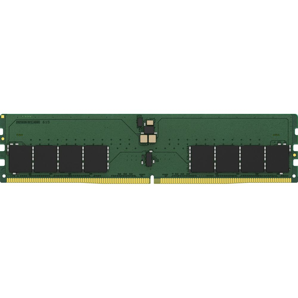 Zielony moduł RAM z czarnymi chipami i złotym złączem.