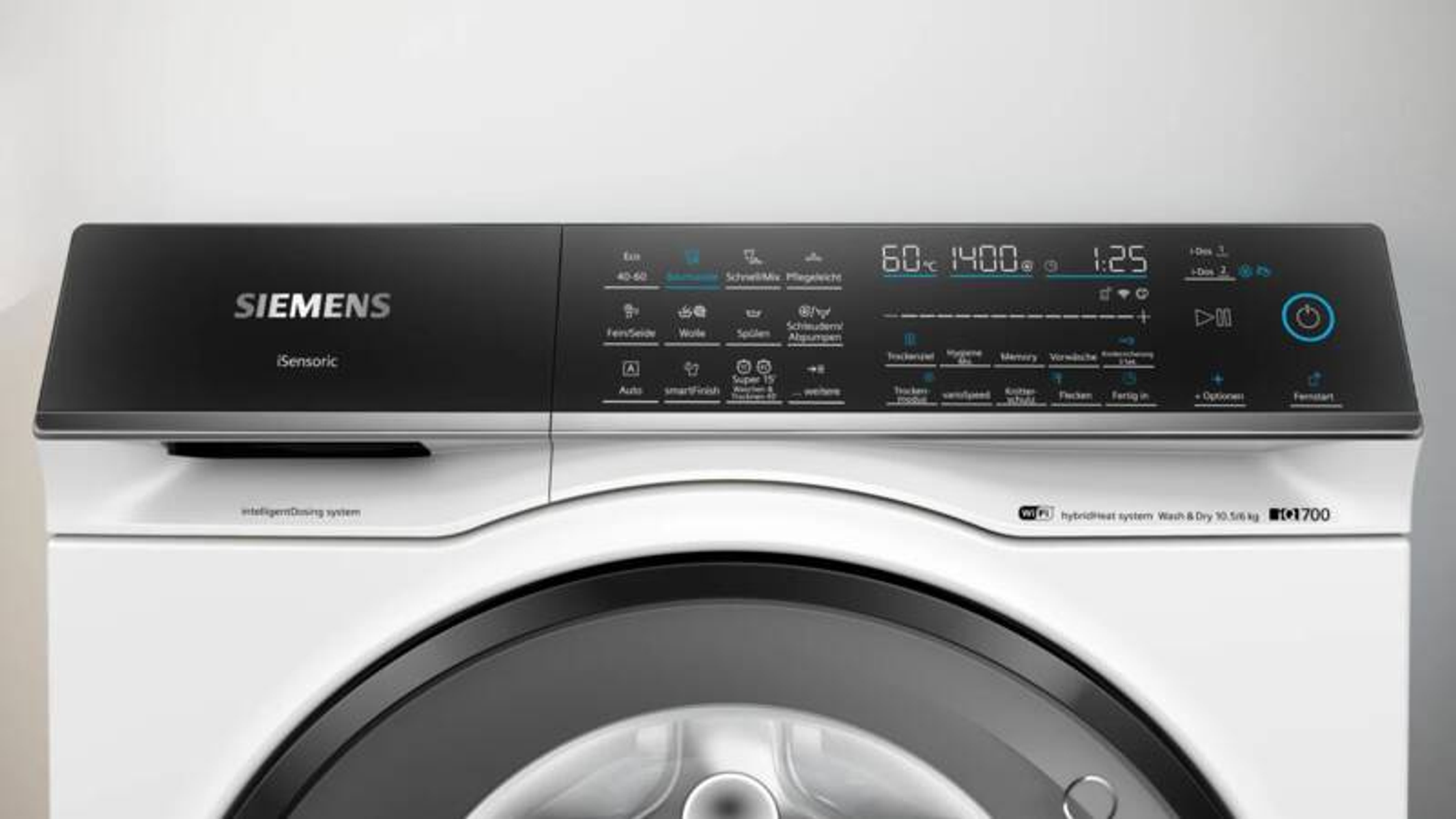 Siemens Waschmaschine mit digitalem Display, das 60°C, 1400 U/Min und 1:25 anzeigt.