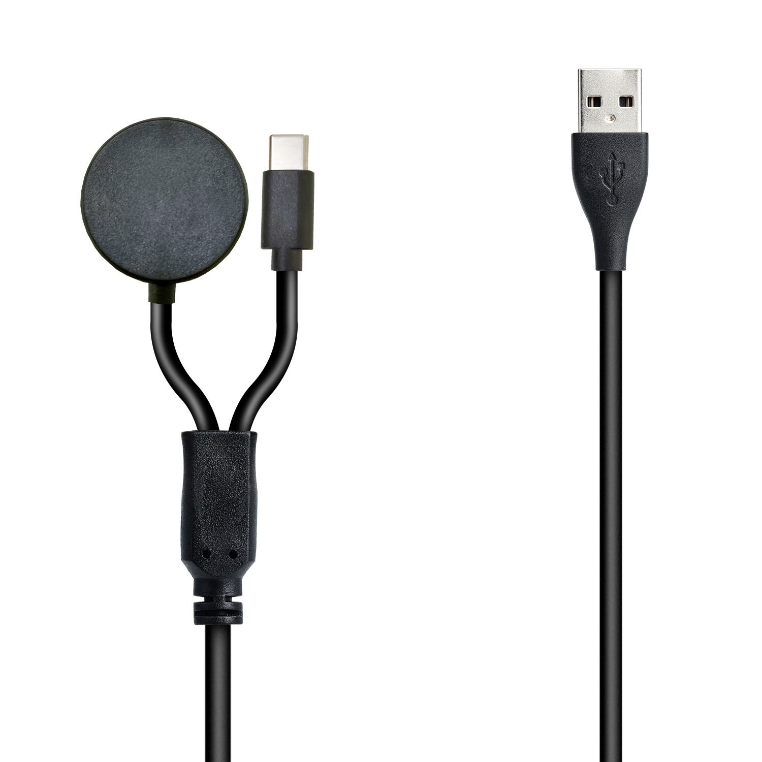 Ein schwarzes USB-C-Ladekabel mit einem runden Magnetanschluss und einem USB-A-Stecker.