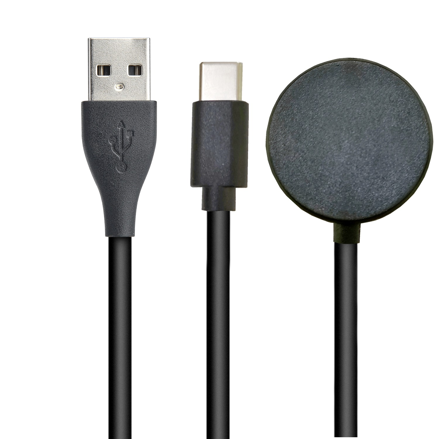 Ein schwarzes USB-Kabel mit USB-A-, USB-C- und rundem magnetischem Stecker.