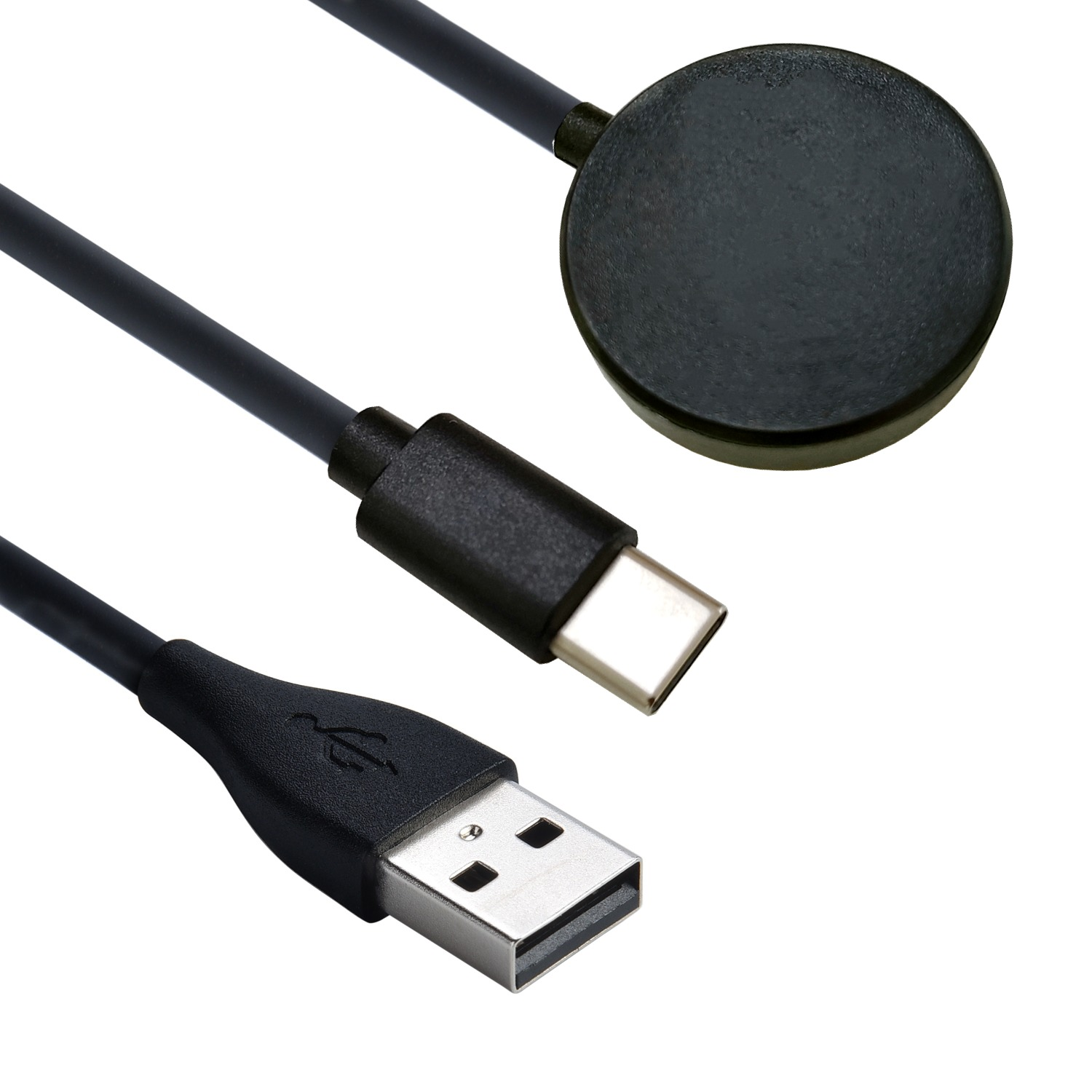 Schwarzes USB-C-Kabel mit USB-A-Stecker und rundem Ladekontakt.