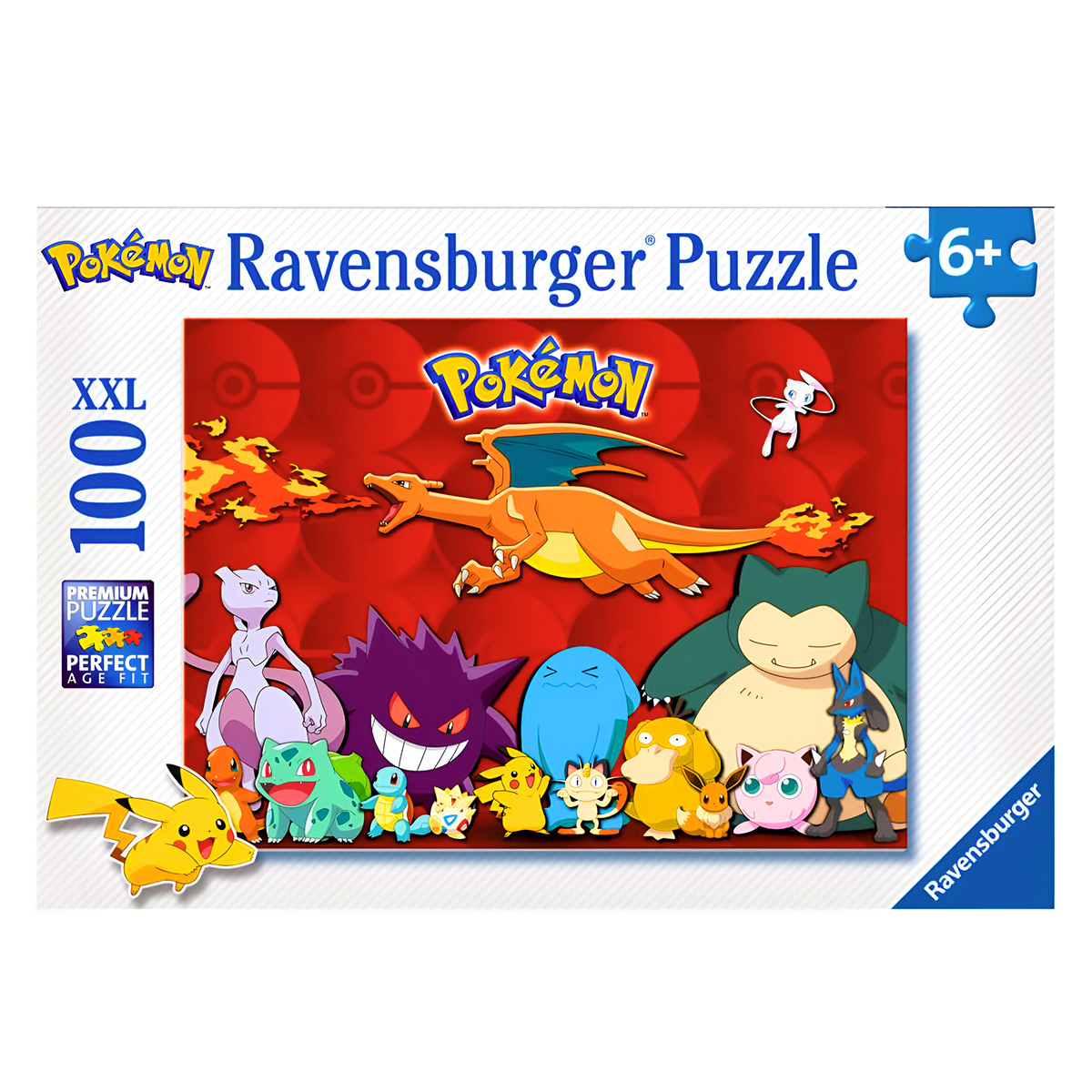 Puzzle Ravensburger Pokémon z postaciami takimi jak Pikachu, Charizard i Snorlax.