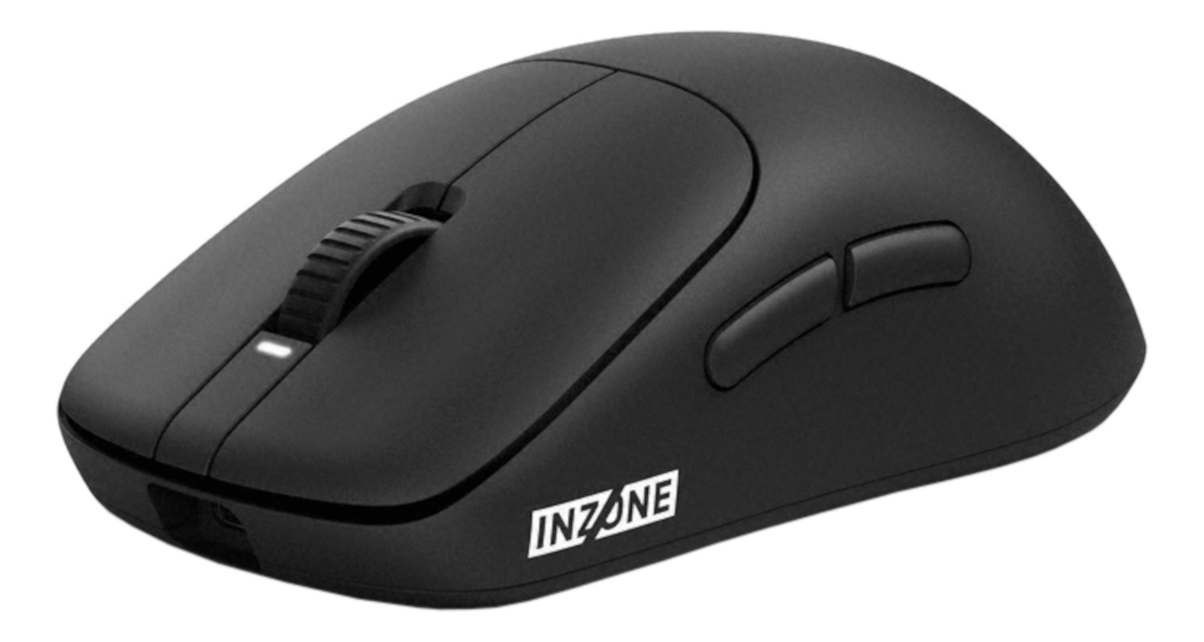 Un mouse da gaming wireless INZONE nero con rotellina e pulsanti laterali.