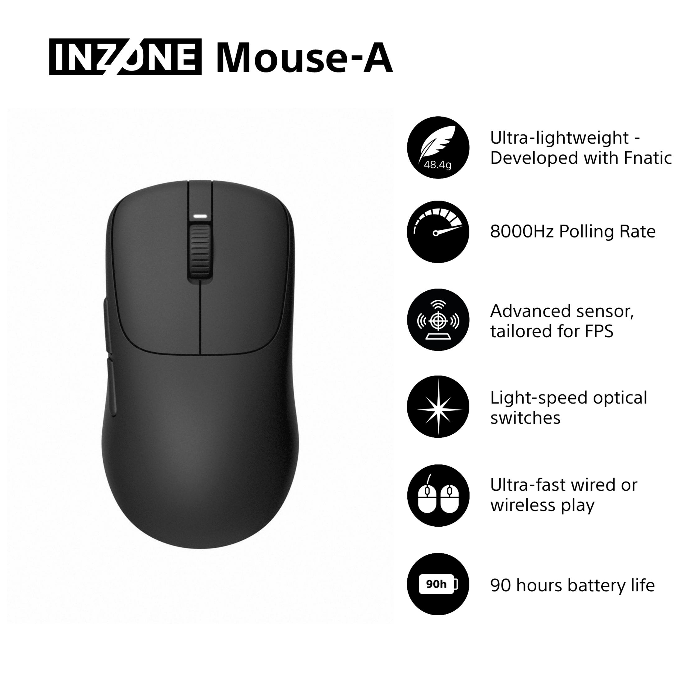 Mouse INZONE nero-A con icone per peso, polling rate, sensore, switch, connettività e batteria.