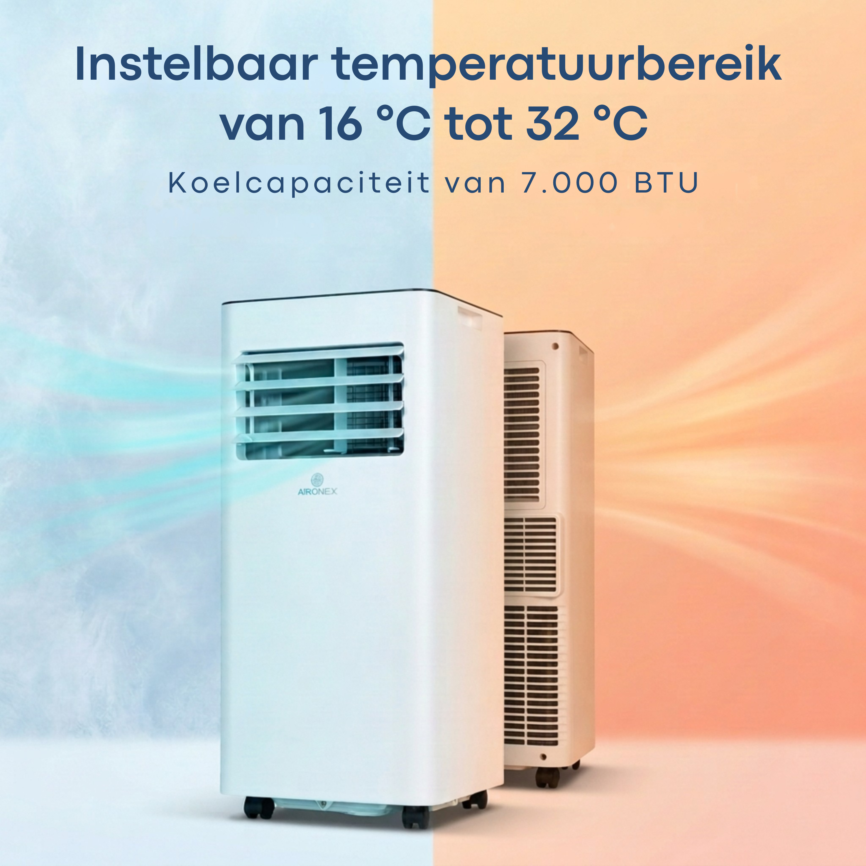 Two mobile air conditioners, one white, one beige, on wheels.