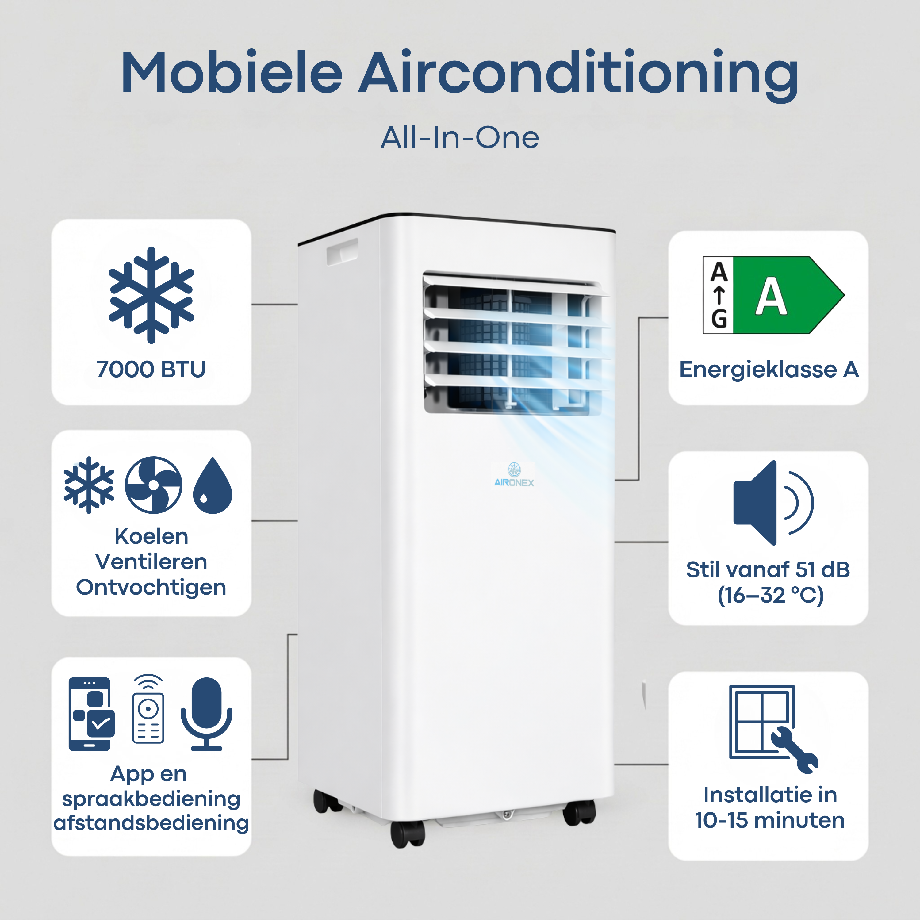 Mobile air conditioner with 7000 BTU, energy class A, 51 dB noise level.
