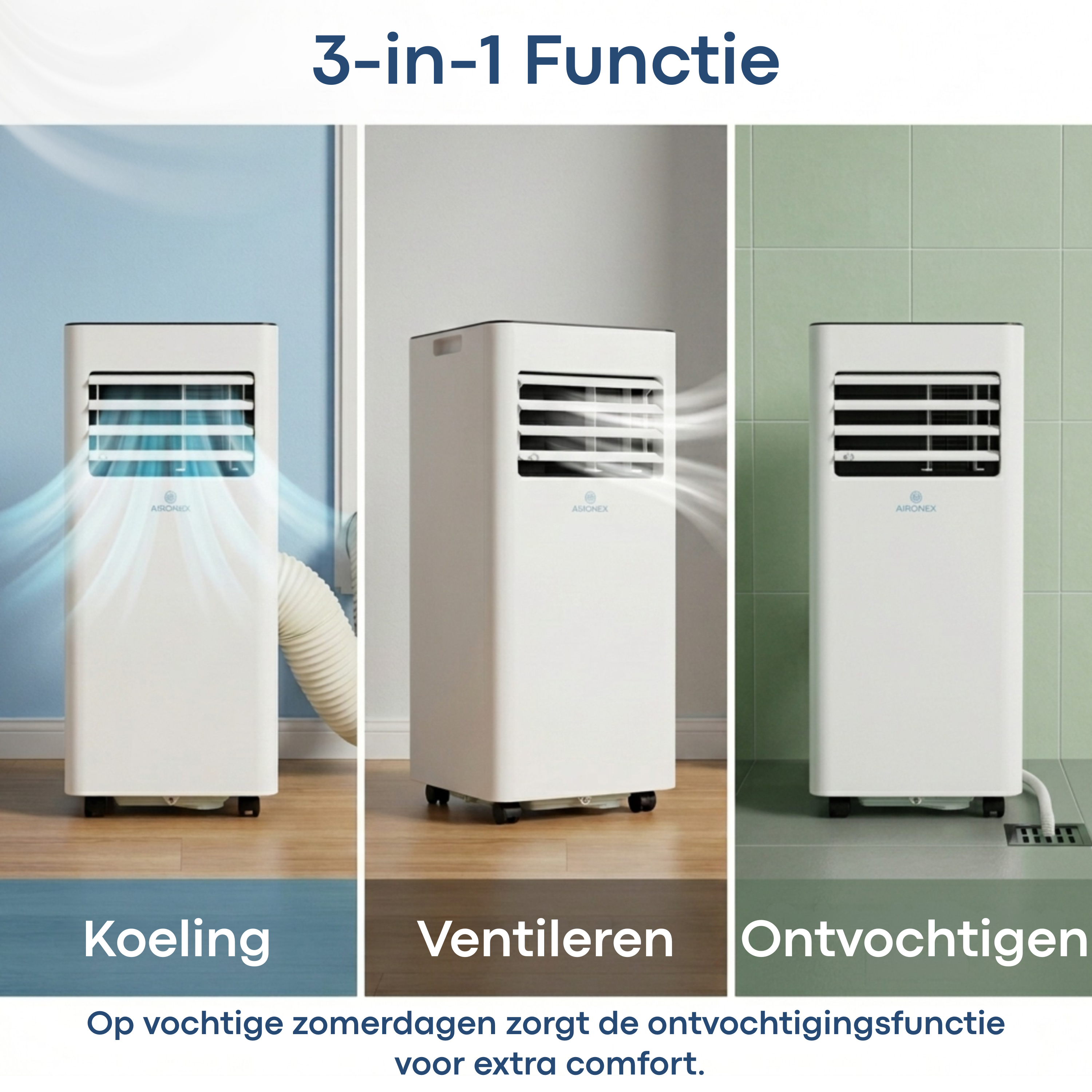 A white air conditioner showing three functions: cooling, ventilation, dehumidifying.