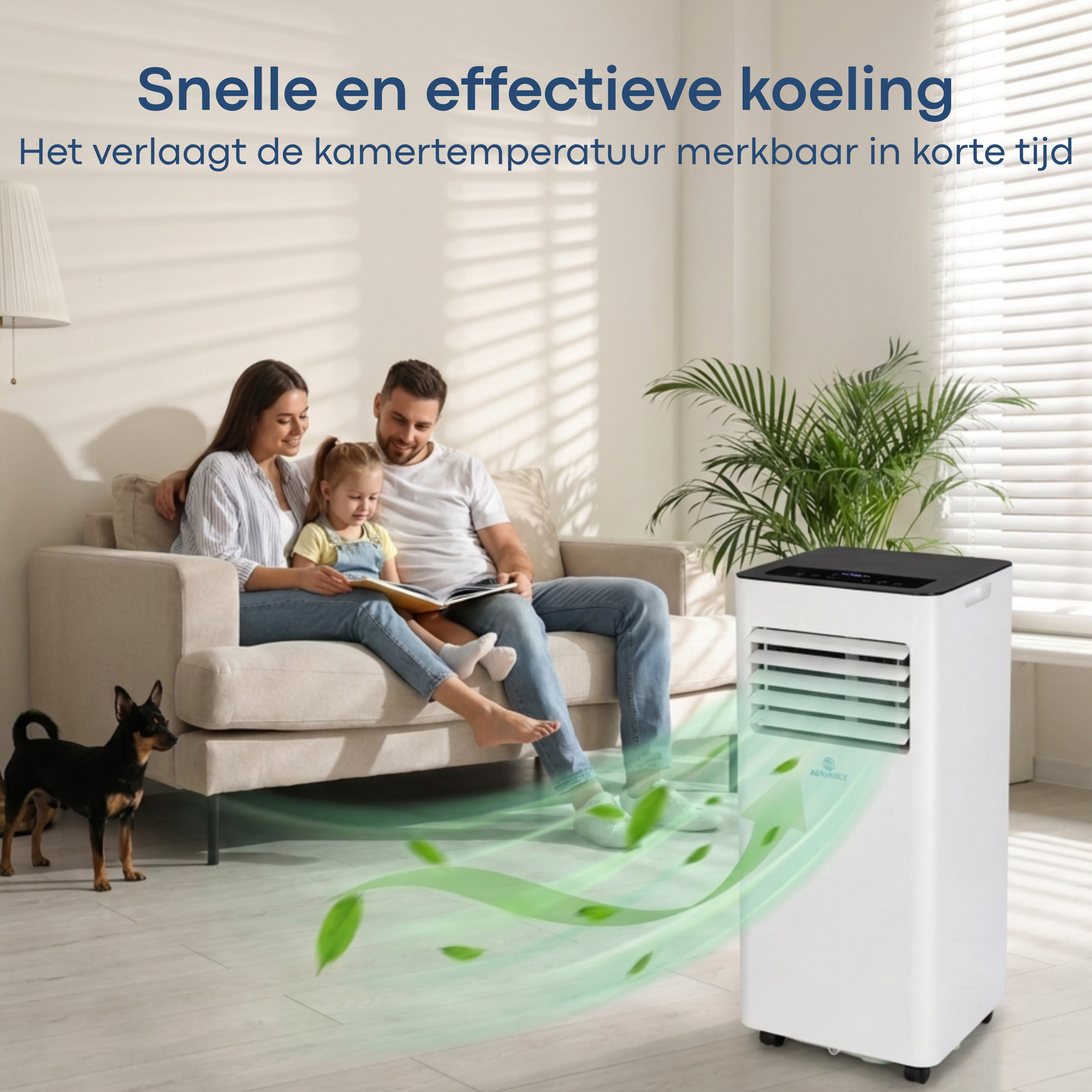 Family on sofa with dog and air conditioner emitting cool air.