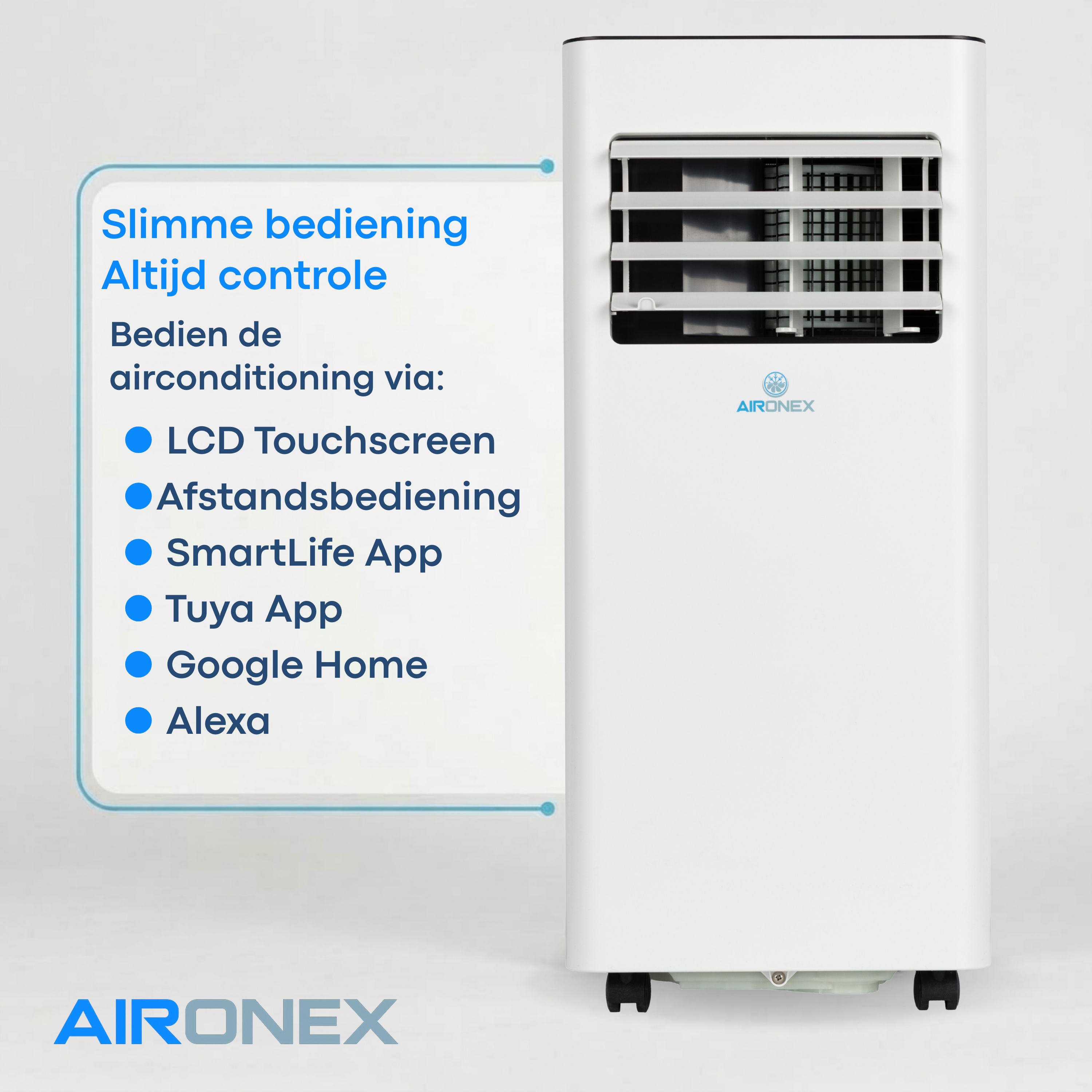 A white AIRONEX air conditioner unit with control options.