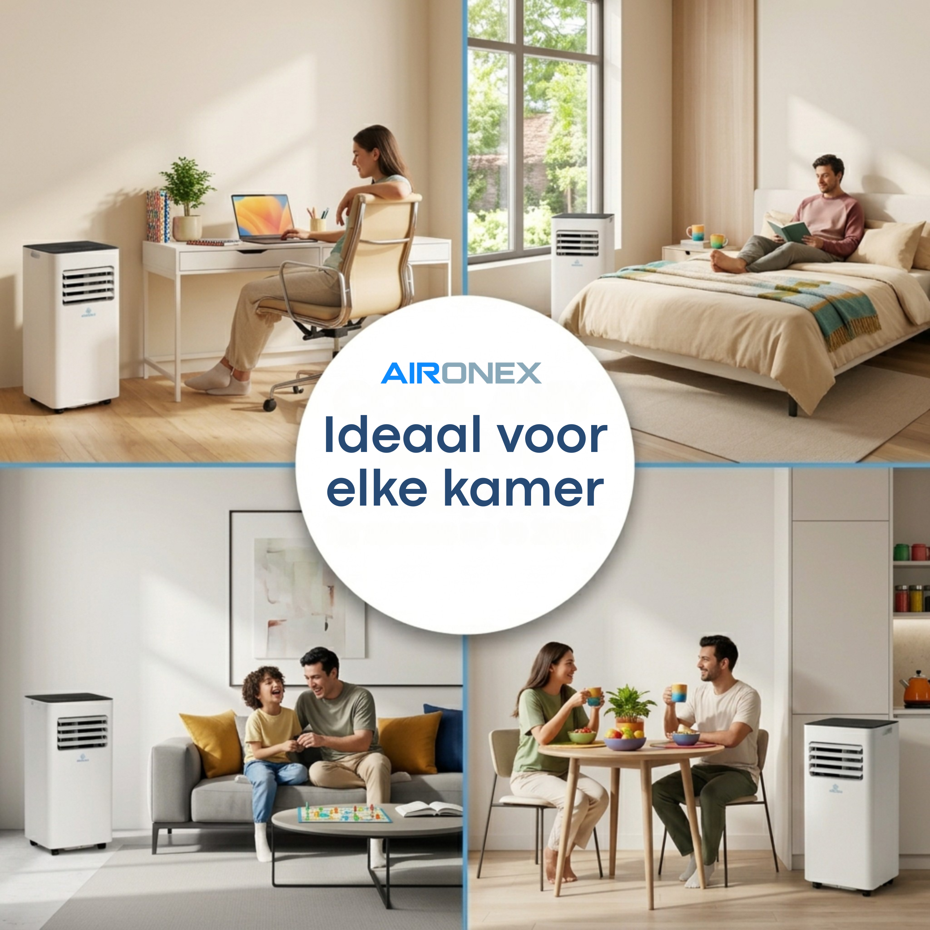 Four scenes show portable air conditioners in various living spaces like an office, bedroom, living room, and kitchen.