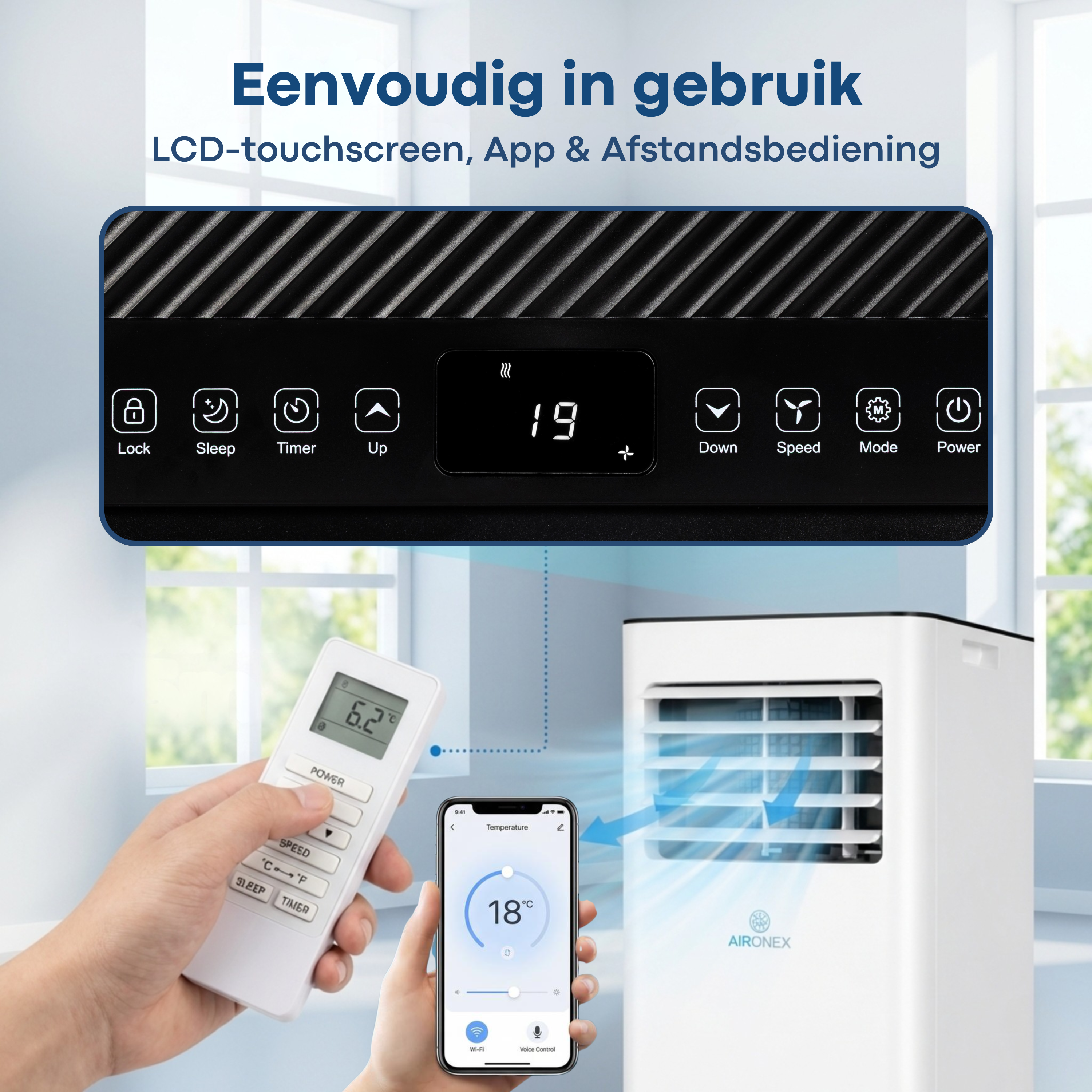 A portable air conditioner shown with remote and app control.