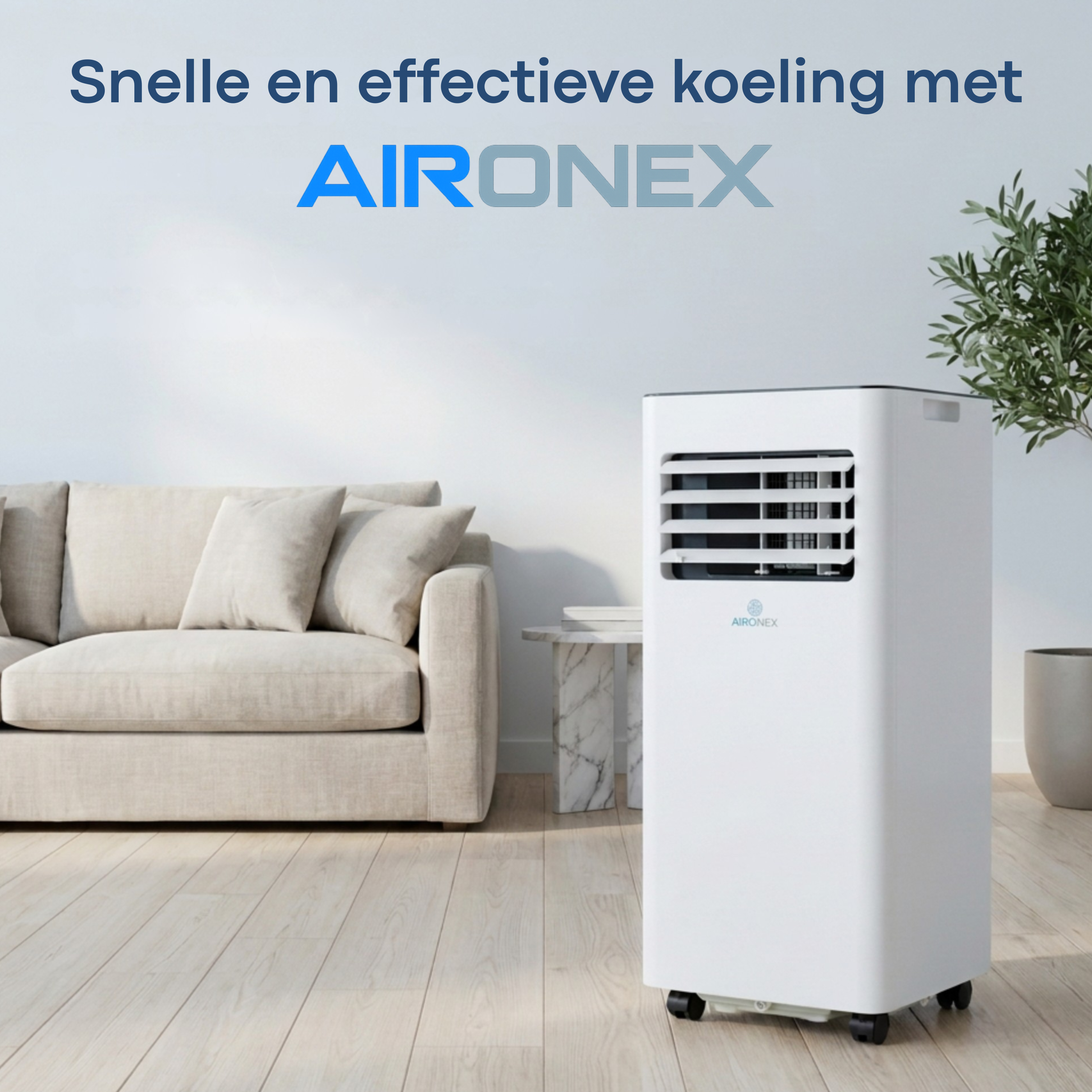 A white portable air conditioner tower stands next to a sofa.