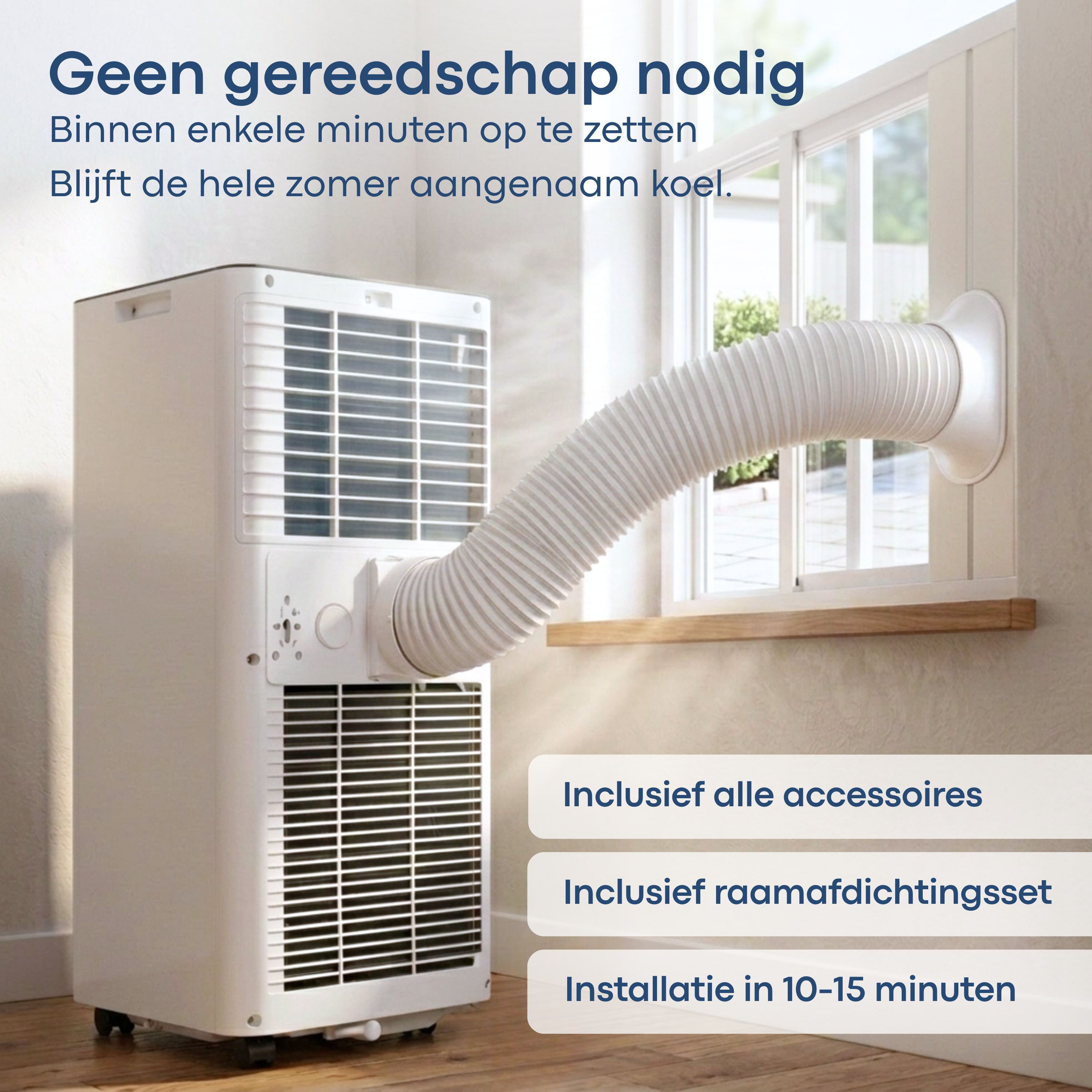 A white portable air conditioner with a hose extending from a window.