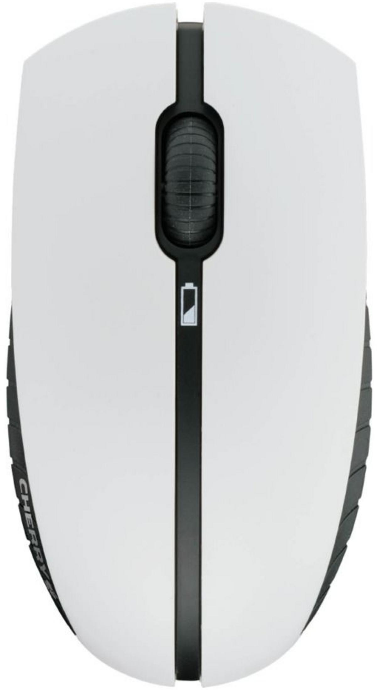 Biała mysz komputerowa z czarnym kółkiem i wskaźnikiem baterii.