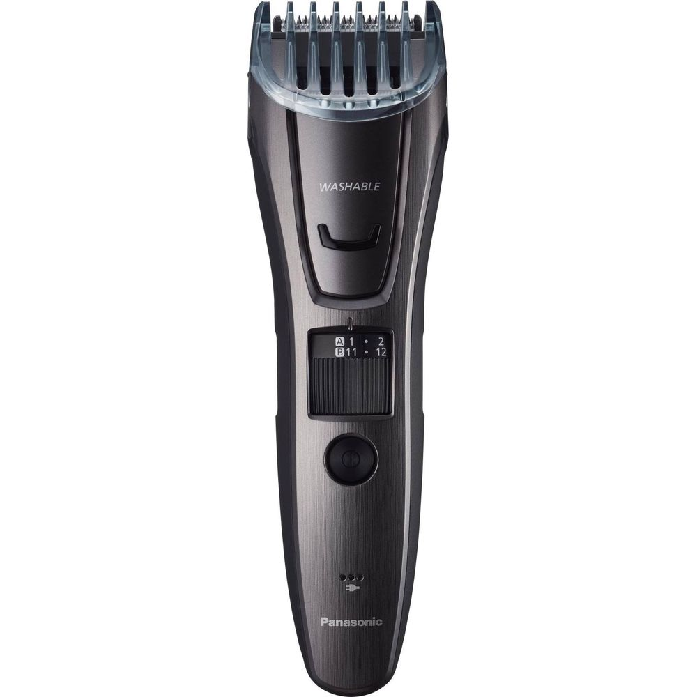 Ciemnoszary trymer Panasonic z srebrnymi akcentami i regulacją długości.