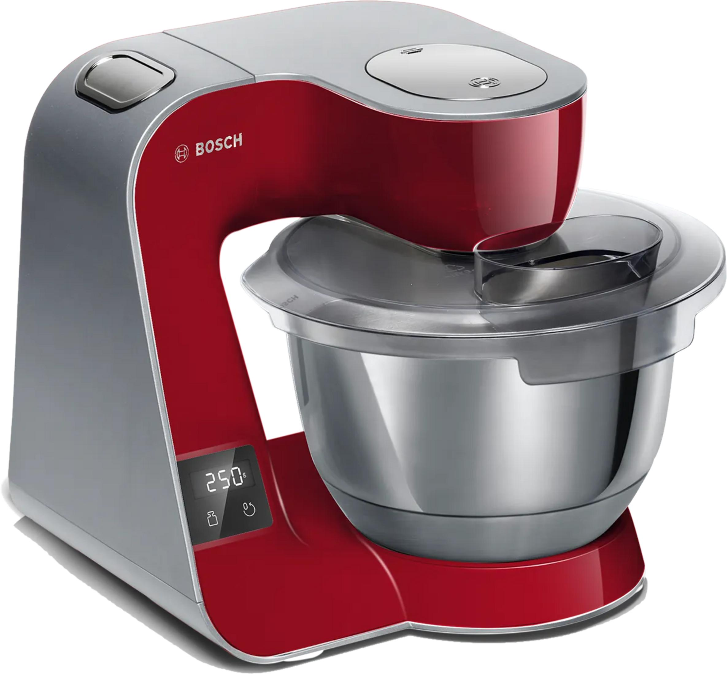 Rote und silberne Bosch Küchenmaschine mit Edelstahlschüssel und digitaler Anzeige.