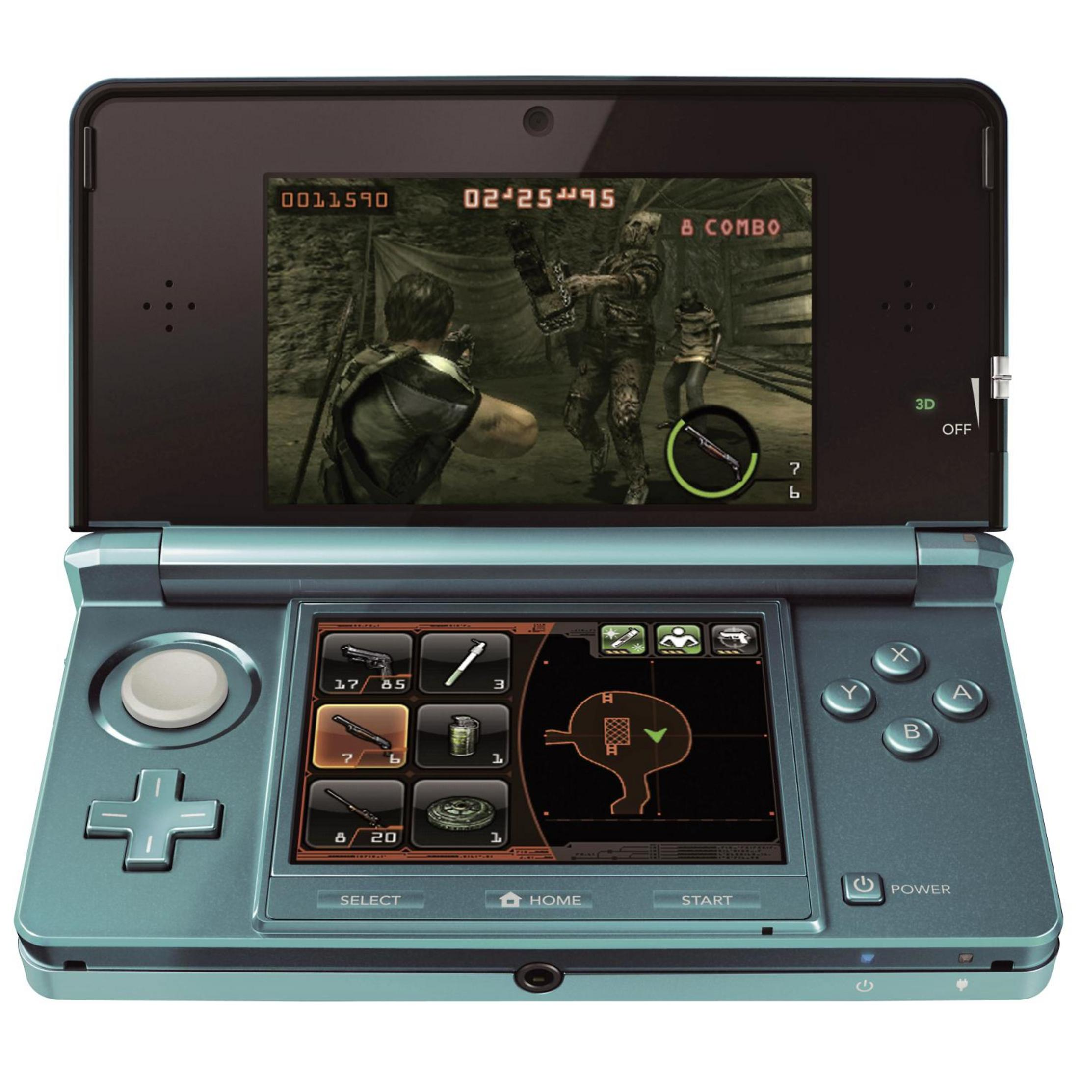 Ein türkisfarbener Nintendo 3DS spielt ein Horrorspiel mit Zombies.