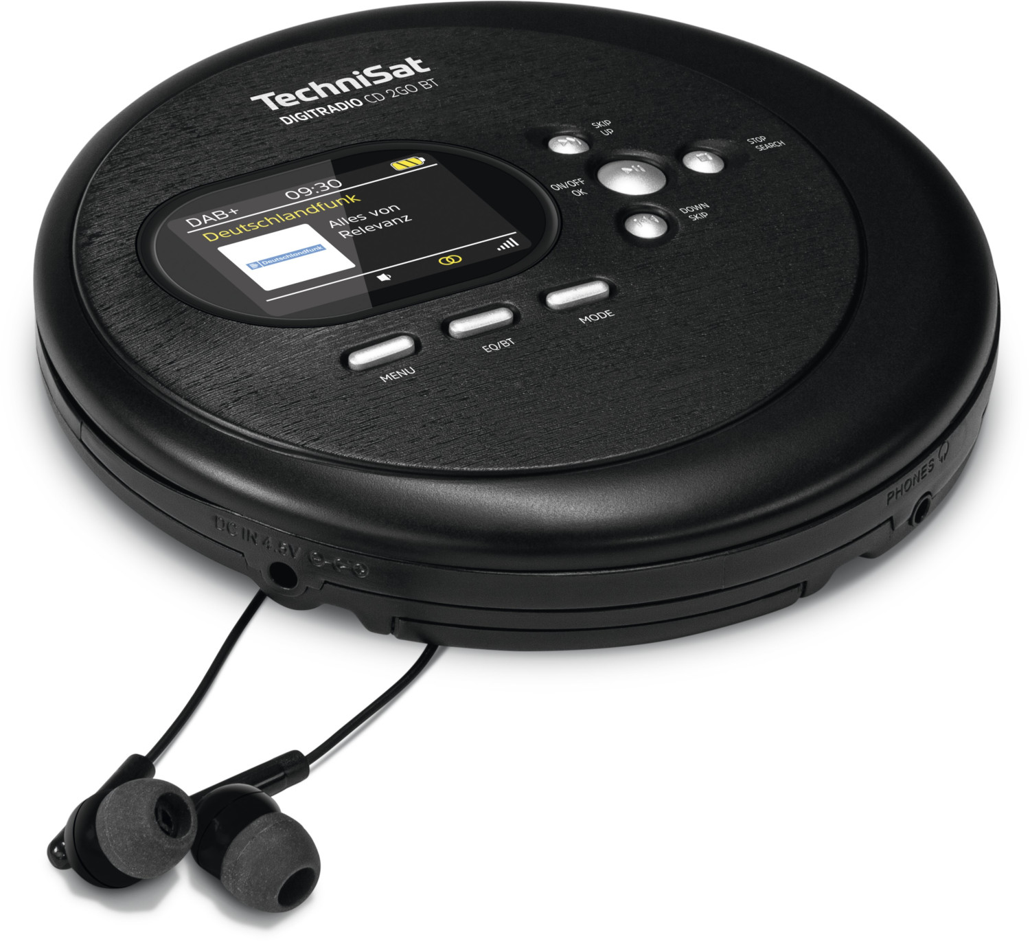 Schwarzer tragbarer CD-Player von TechniSat mit Kopfhörern und Display.