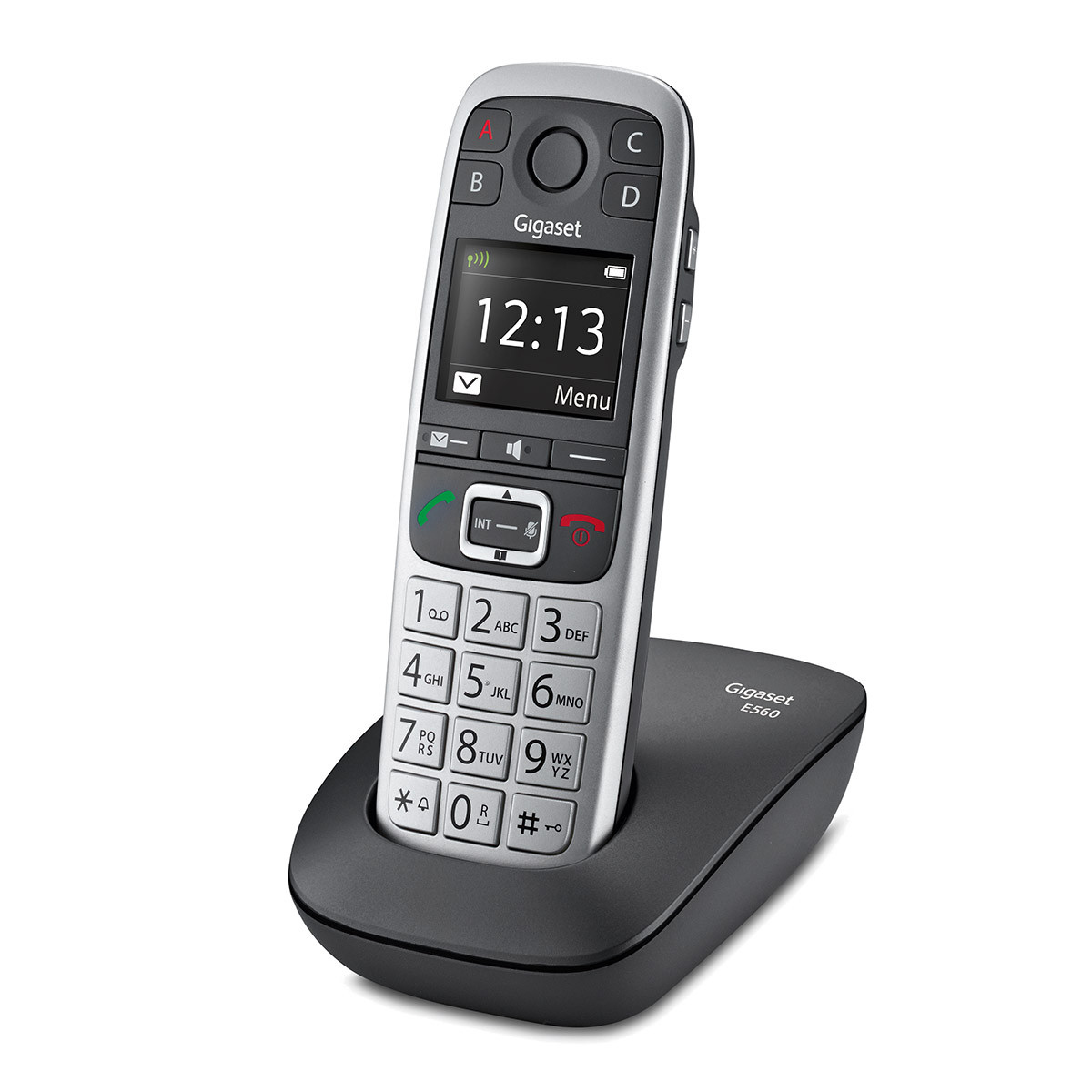 Un telefono cordless Gigaset E560 argentato con base di ricarica nera.