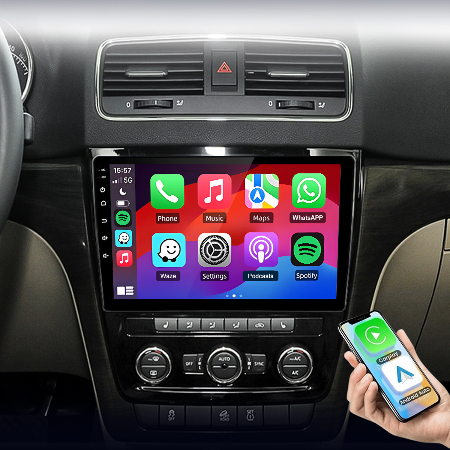 Pantalla de infoentretenimiento del coche con iconos de apps y un smartphone.