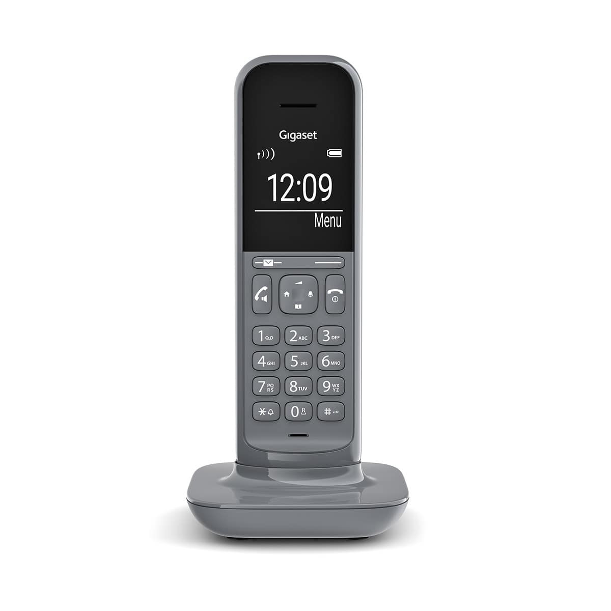 Un telefono cordless grigio con tastiera e schermo poggia su una base di ricarica.