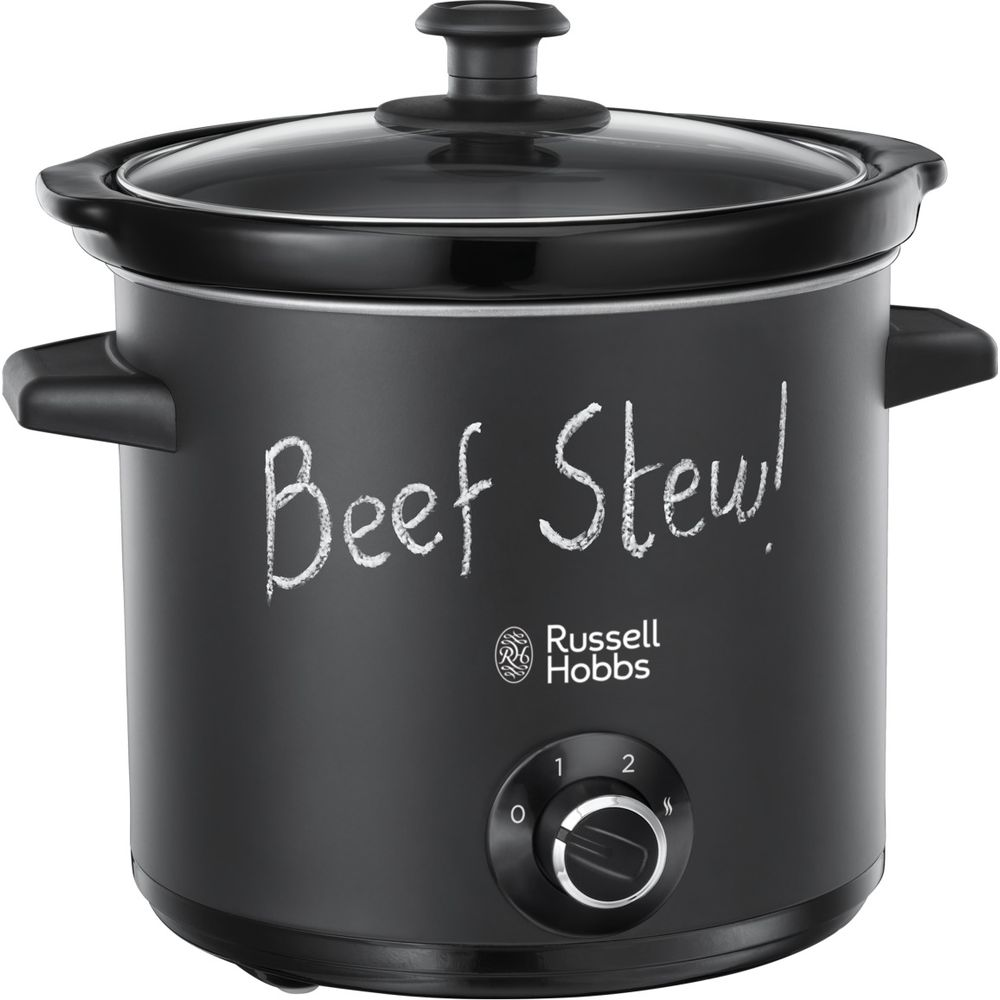 Schwarzer Slow Cooker mit Glasdeckel und "Beef Stew" Beschriftung.