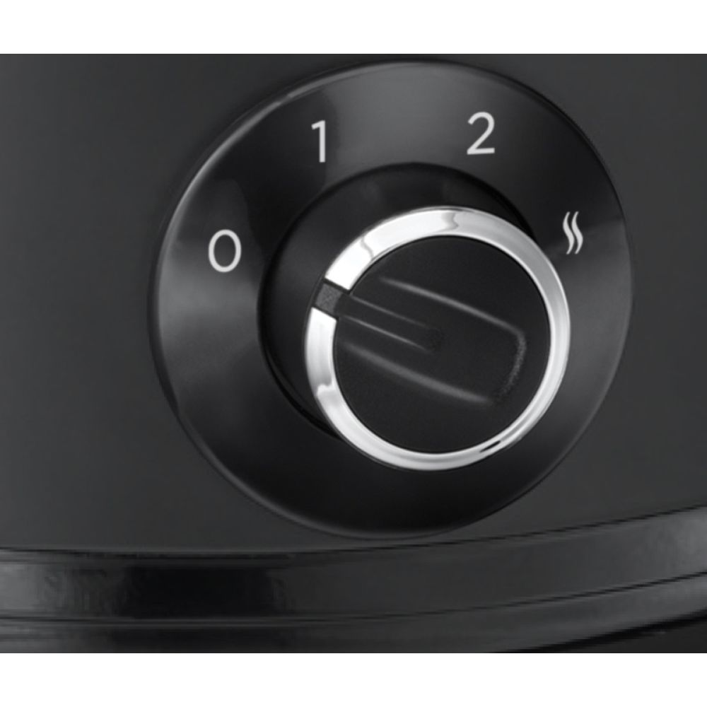Ein schwarzer Drehknopf mit den Markierungen 0, 1, 2 und einem Hitzesymbol.