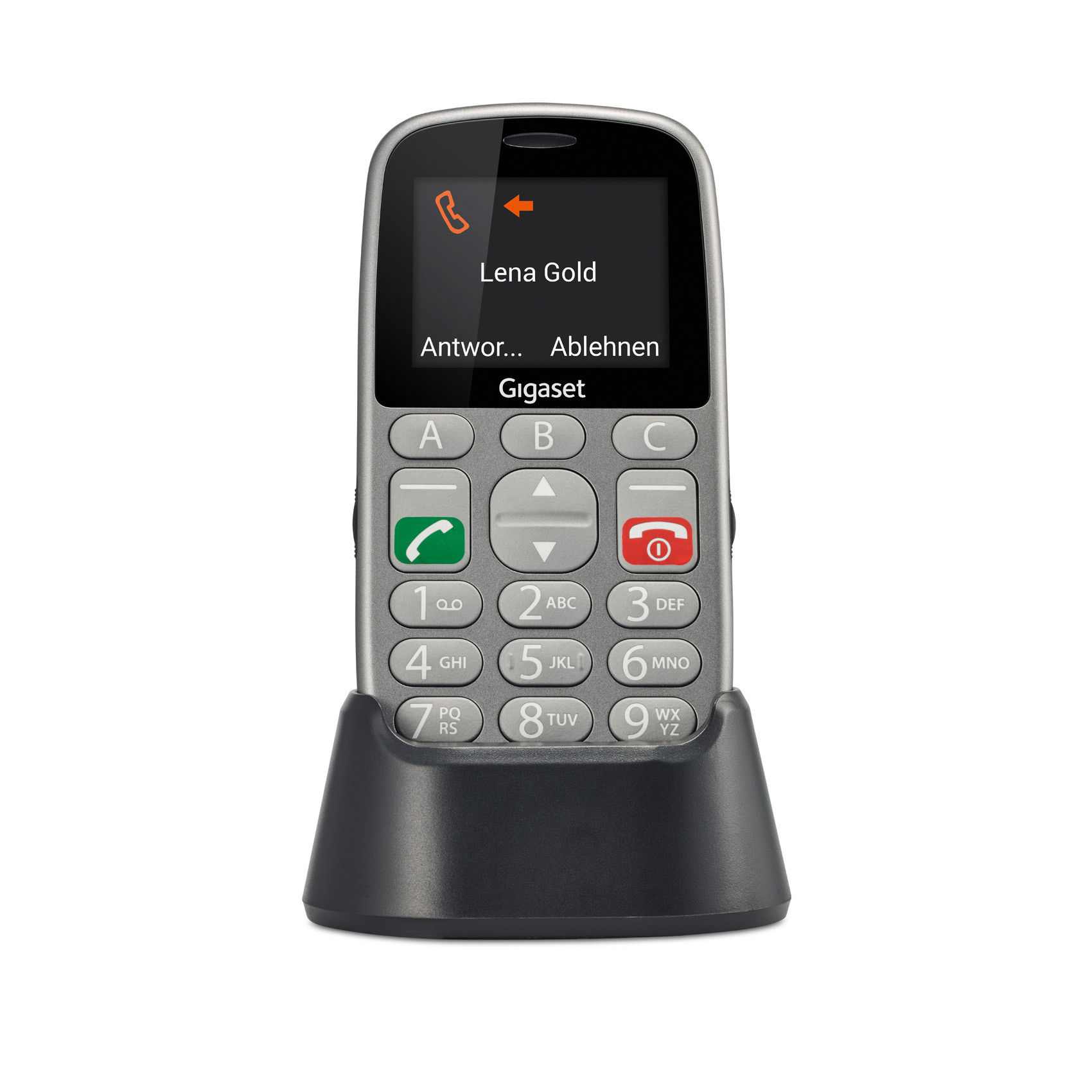 Gigaset seniorentelefoon met oplaaddock. Oproep van Lena Gold.