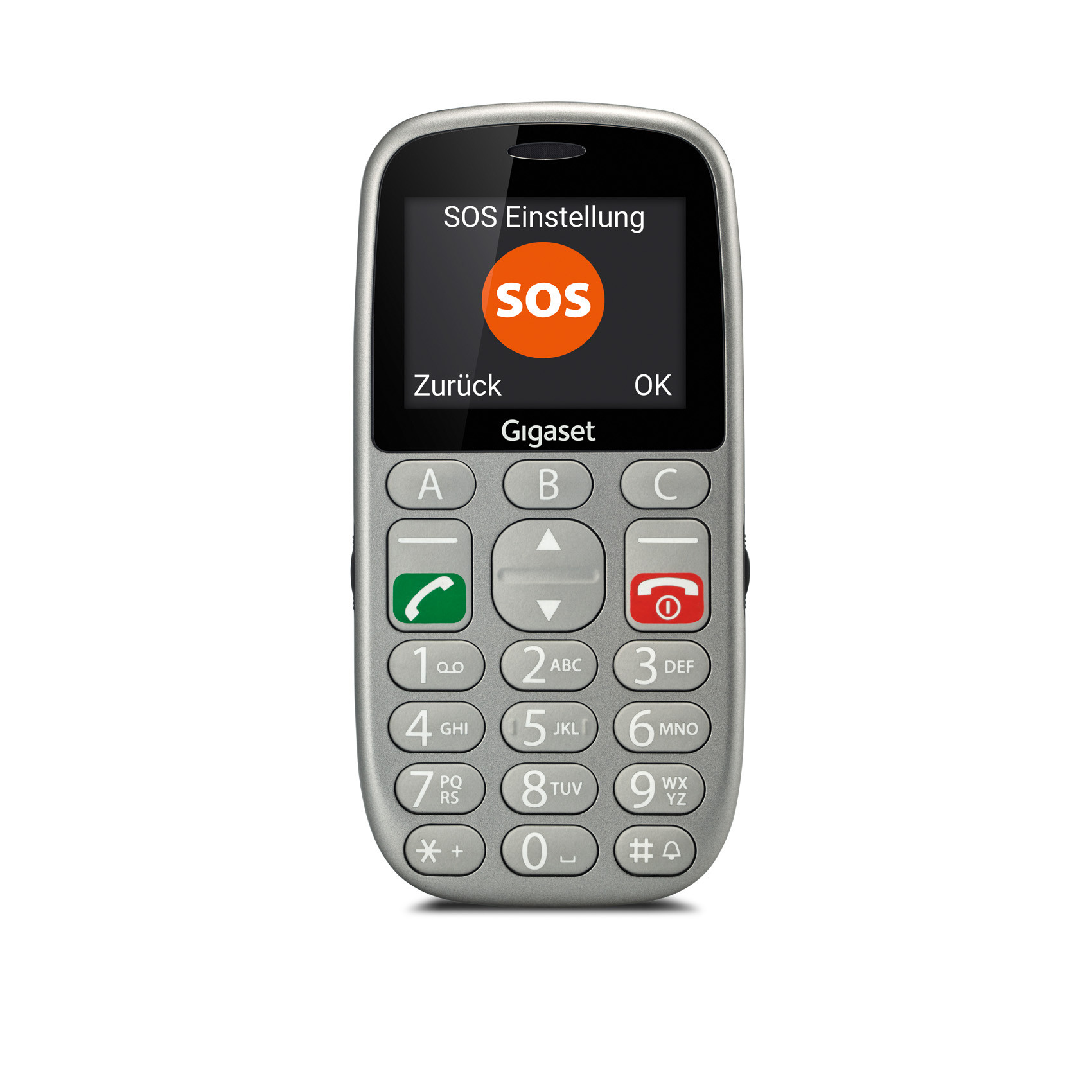 Zilveren Gigaset mobiele telefoon met SOS-instellingen.