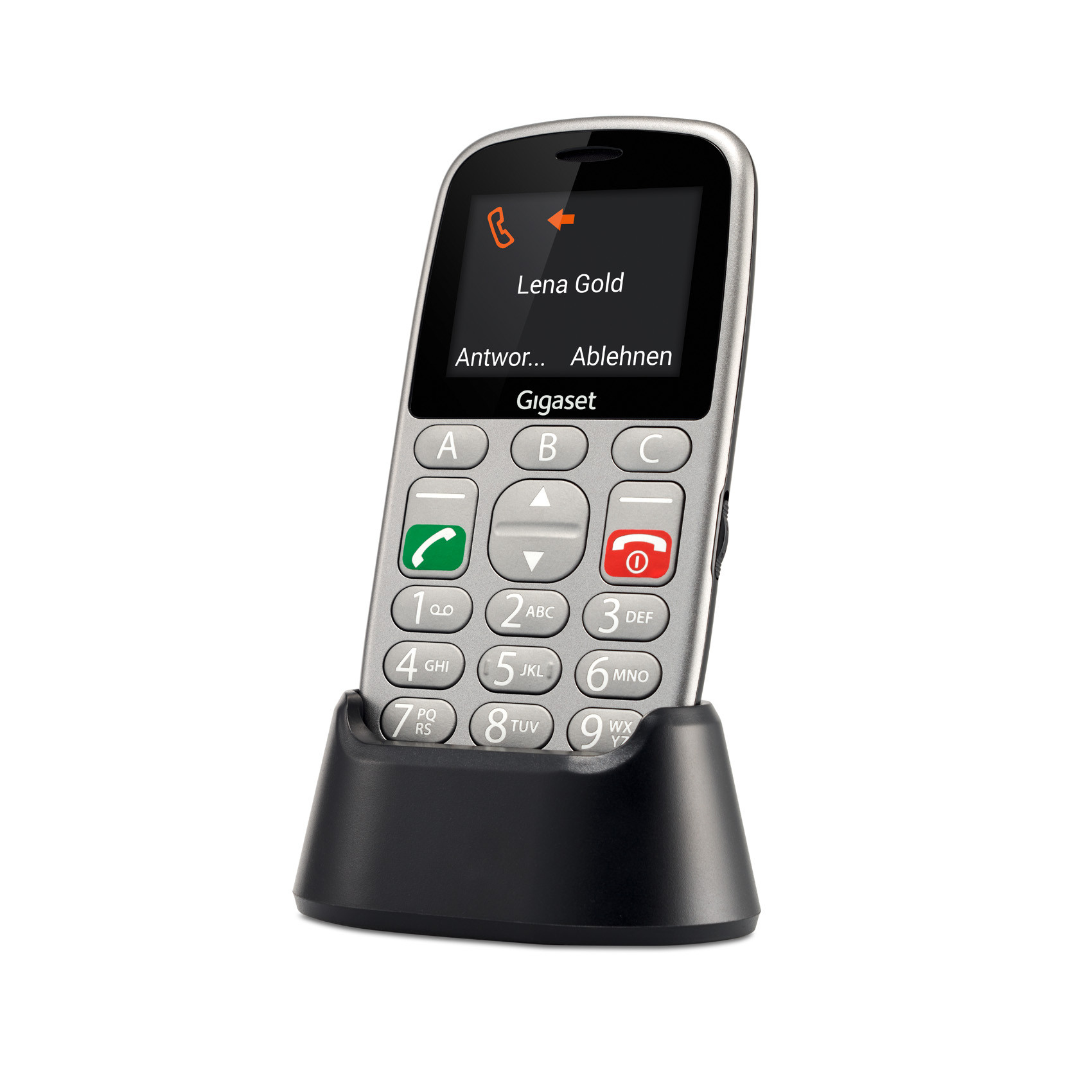 Een zilveren Gigaset telefoon met oplaaddock. Het scherm toont een inkomende oproep.