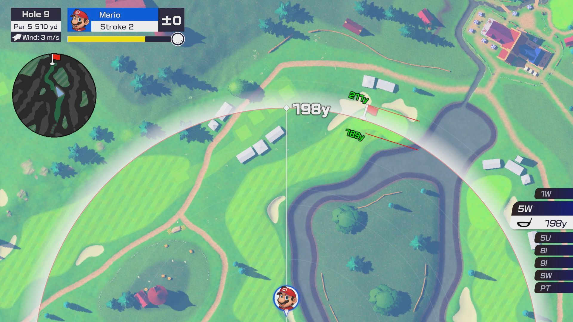 Mario gra w golfa, Dołek 9, Par 5, 510 jardów, Wiatr 3 m/s. Mapa z odległościami.
