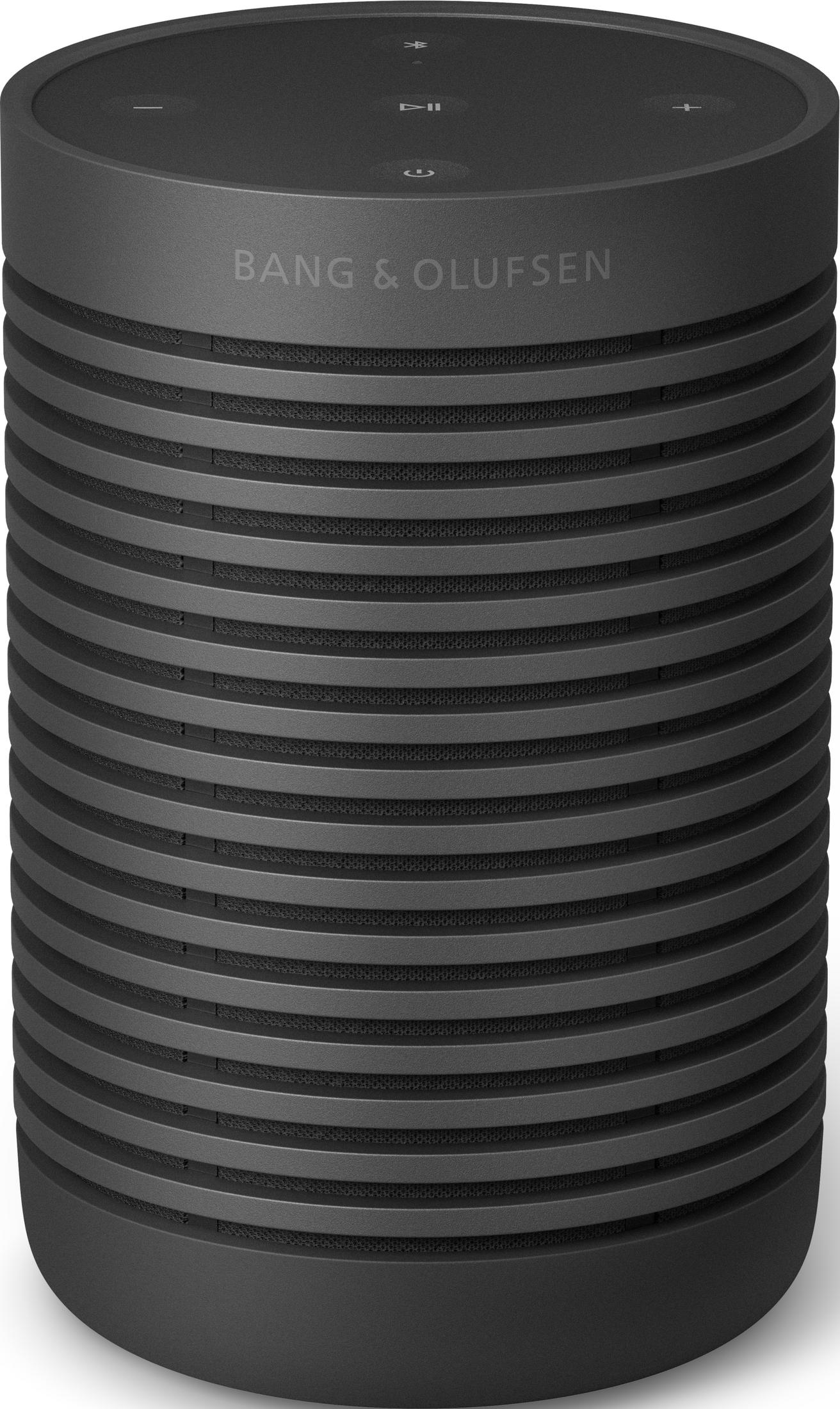 Czarny głośnik Bang & Olufsen z prążkowanym wzorem.
