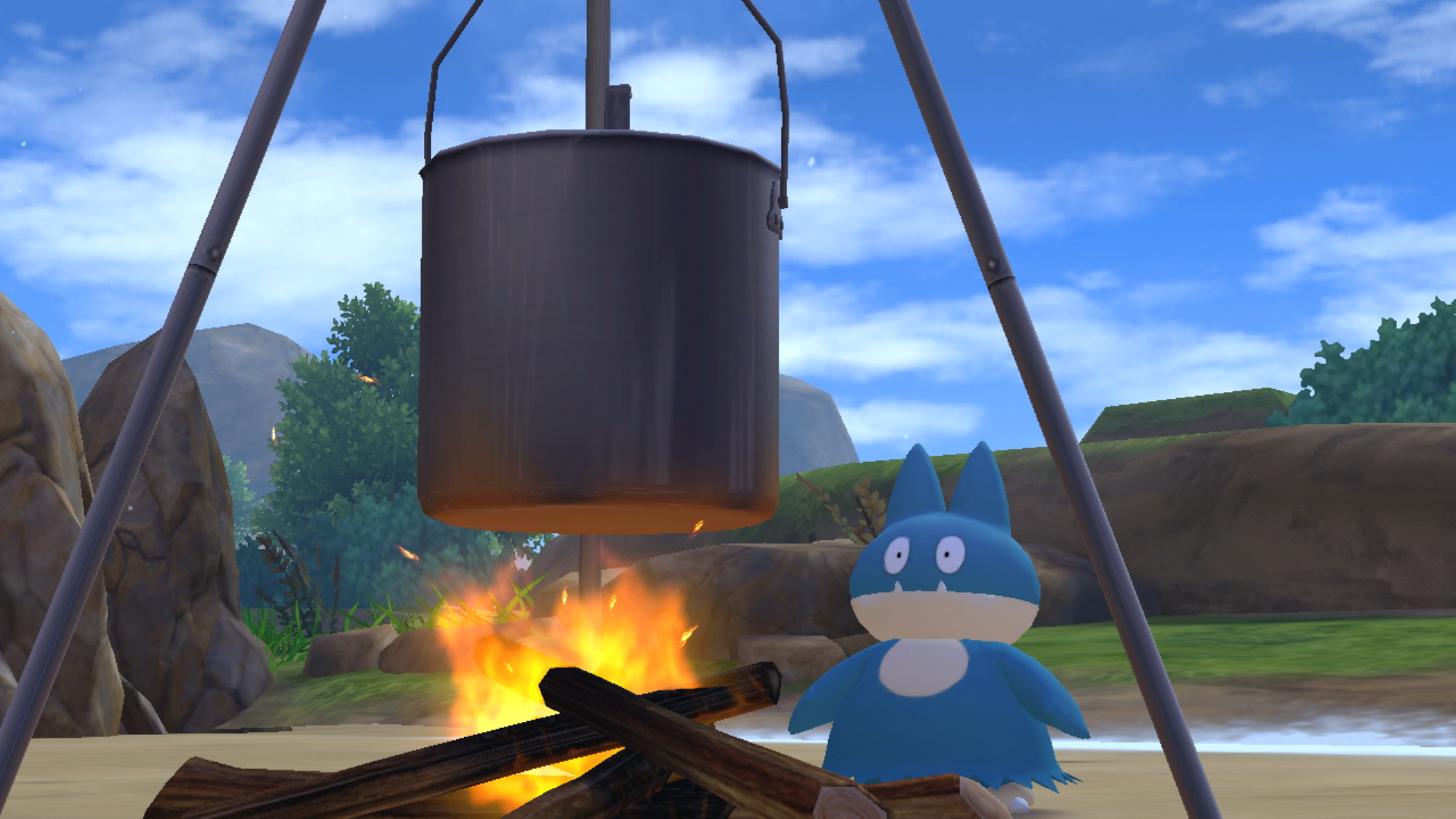 Un Pokémon blu cucina su un falò sotto un cielo blu.