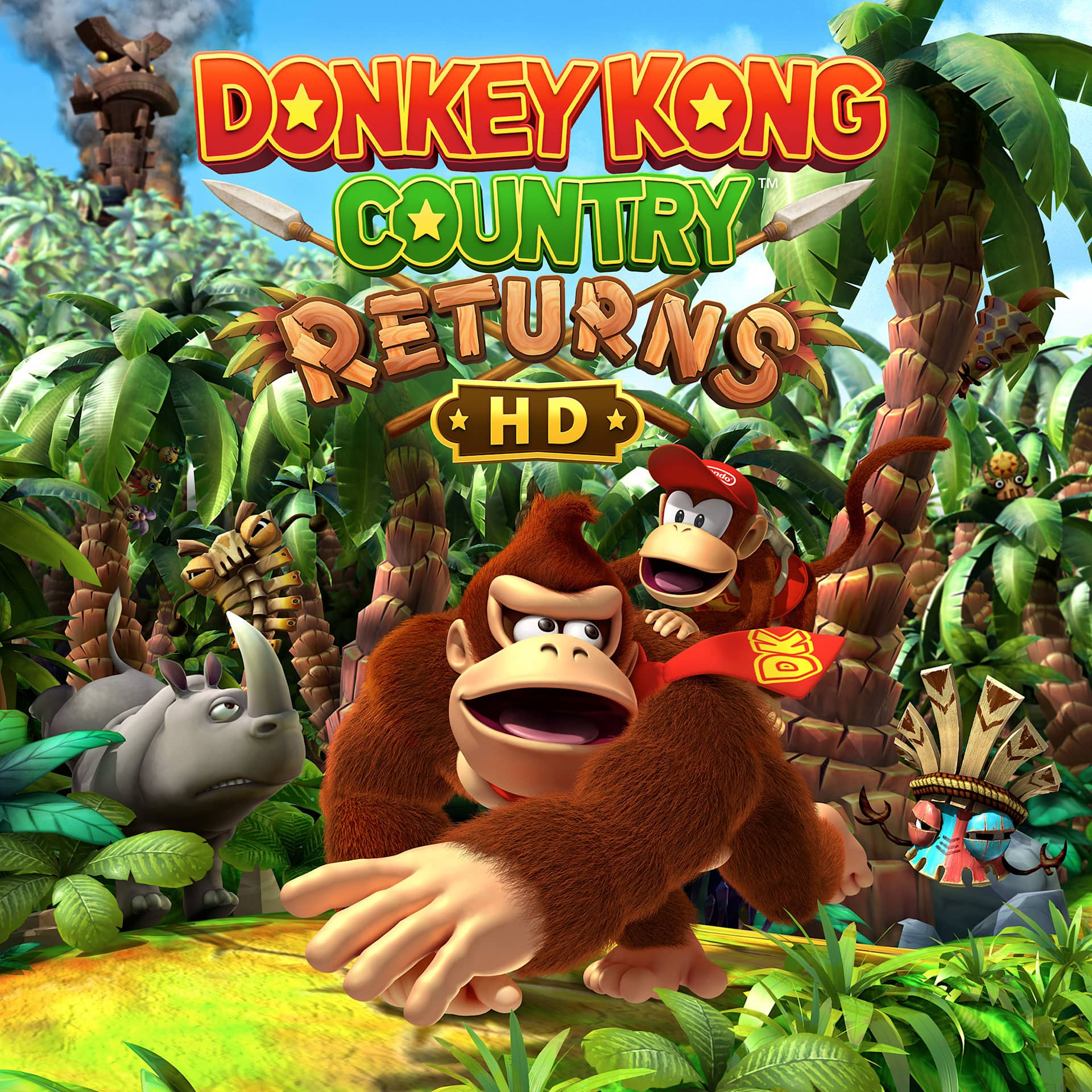 Donkey Kong e Diddy Kong in un ambiente giungla con rinoceronte e tiki.