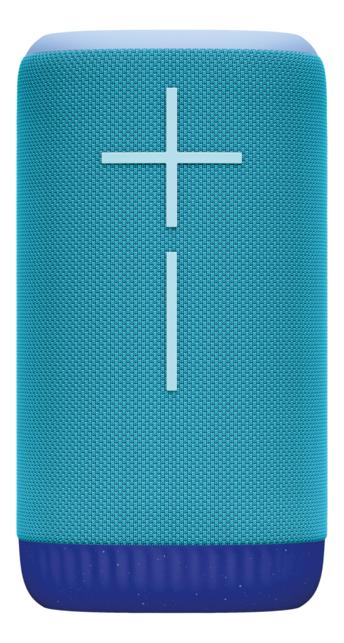 Turkusowy głośnik Bluetooth z niebieskimi akcentami i białym symbolem plus.