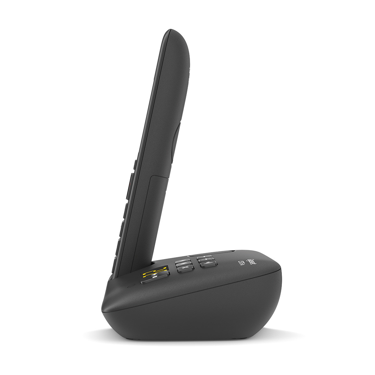 Ein schwarzes schnurloses Telefon steht auf seiner Ladestation, von der Seite gesehen.