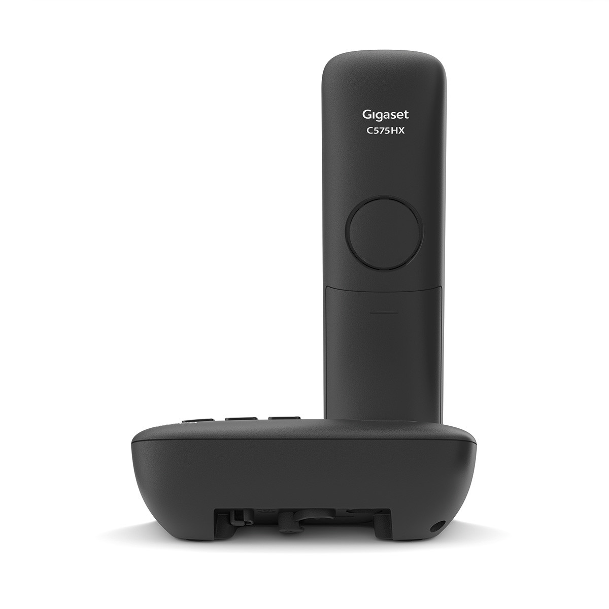 Ein schwarzes Schnurlostelefon der Marke Gigaset, Modell C575HX, steht auf seiner Basis.