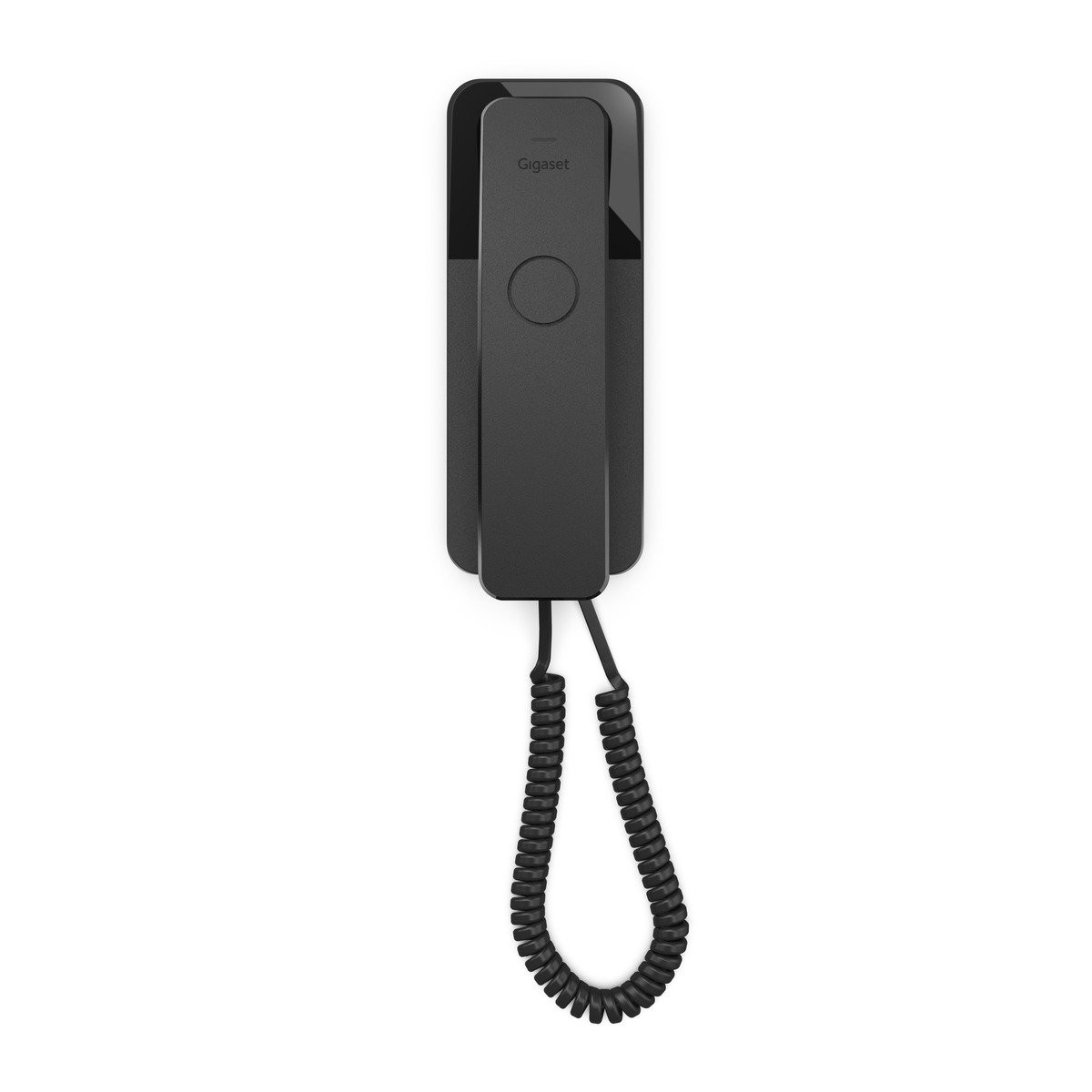 Un telefono Gigaset nero con cavo a spirale è appeso a una staffa a muro.