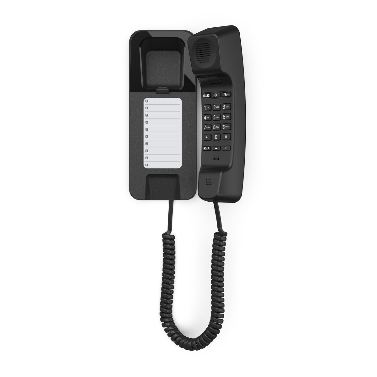 Un telefono nero da parete con tastiera e cornetta.