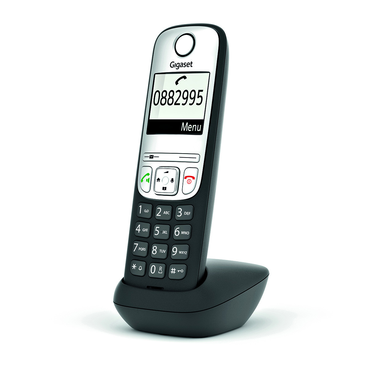 Un téléphone sans fil Gigaset noir avec écran et clavier sur une base de chargement.