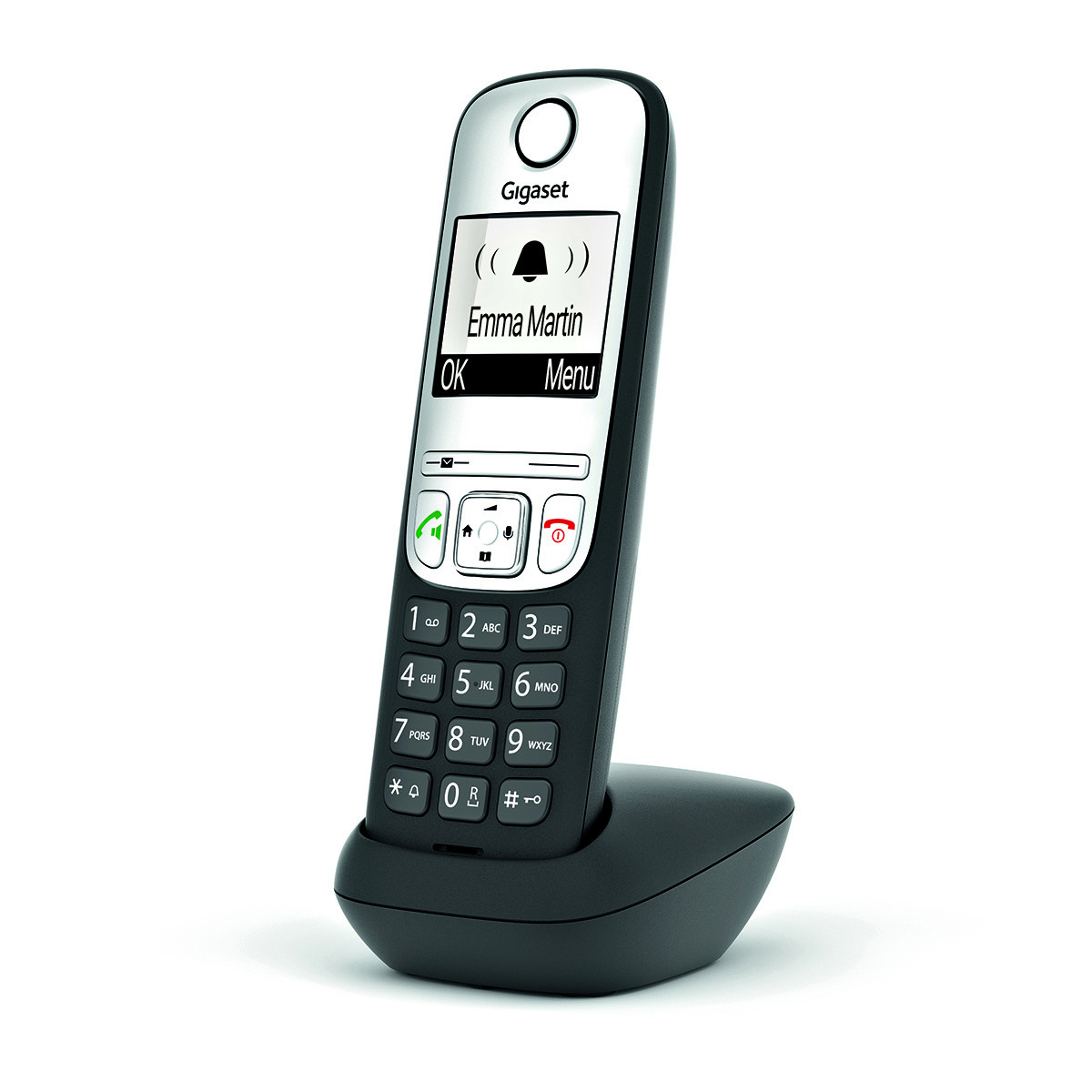Un téléphone sans fil Gigaset avec socle de charge noir est sur fond blanc.