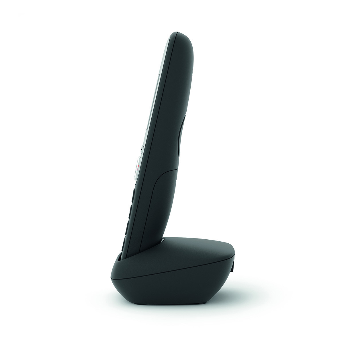 Téléphone sans fil noir avec station de charge sur fond blanc.