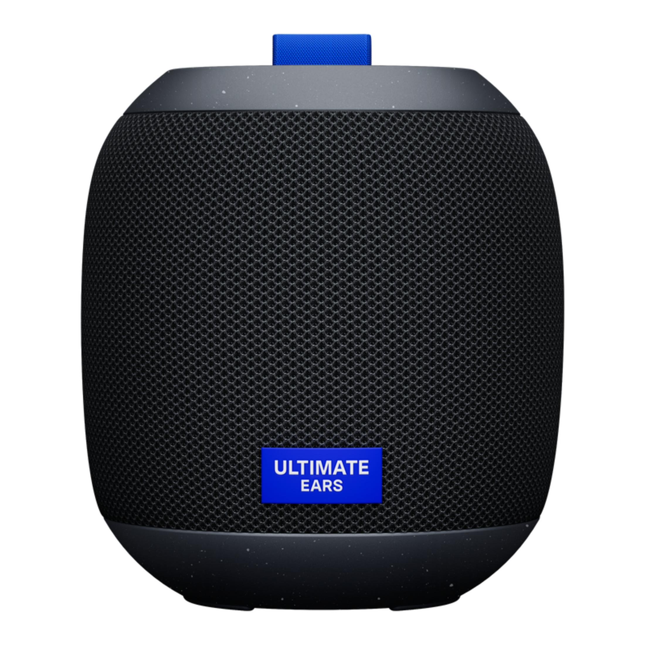 Czarny głośnik z niebieskim paskiem i 