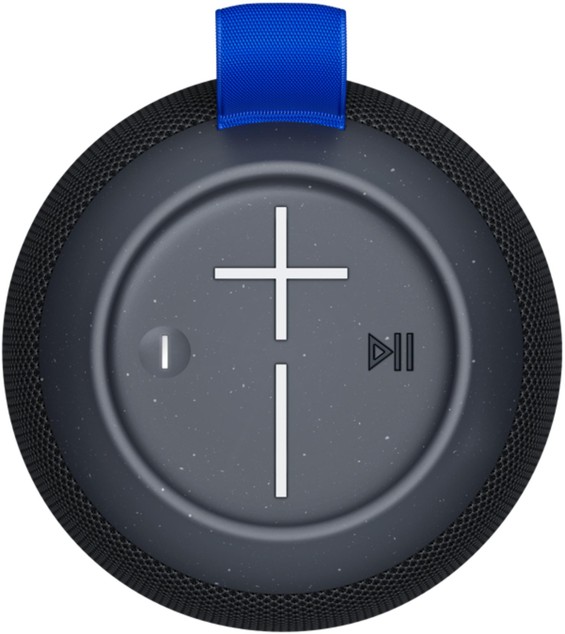 Okrągły, ciemny głośnik z niebieską pętlą i białymi przyciskami sterowania.