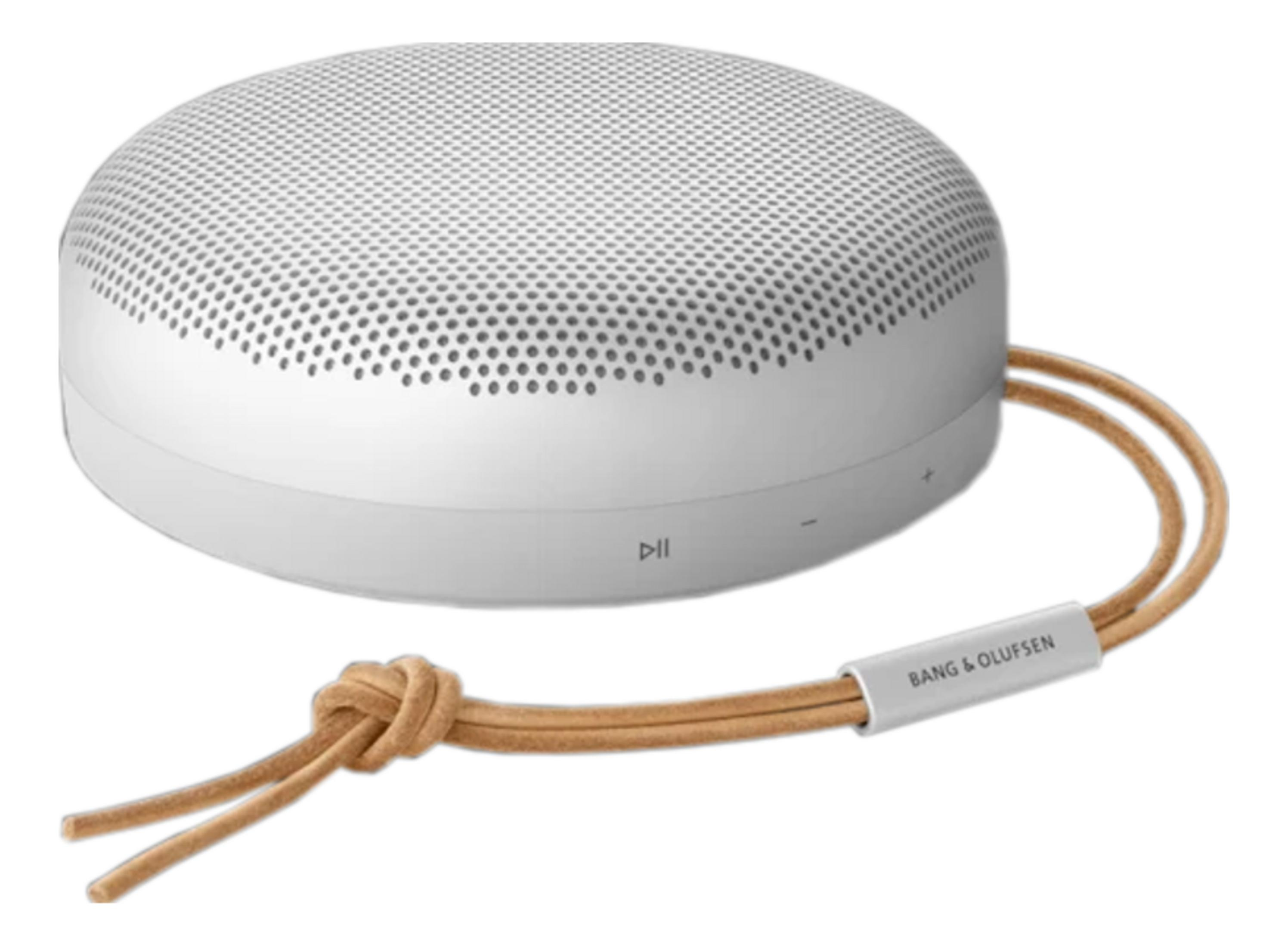 Biały głośnik przenośny z brązowym skórzanym paskiem i logo "Bang & Olufsen".