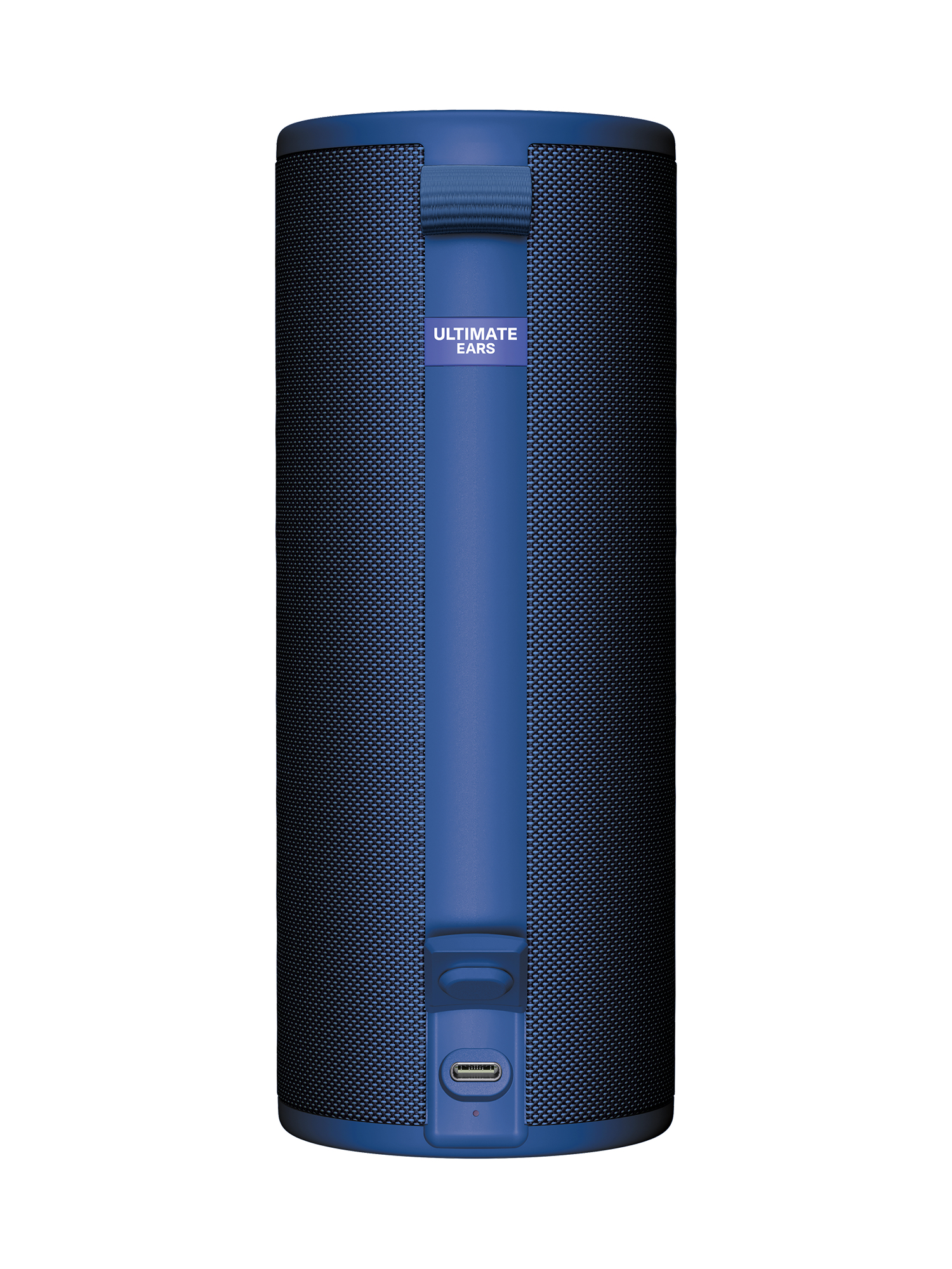 Altoparlante blu Ultimate Ears con motivo a rete e porta USB-C.