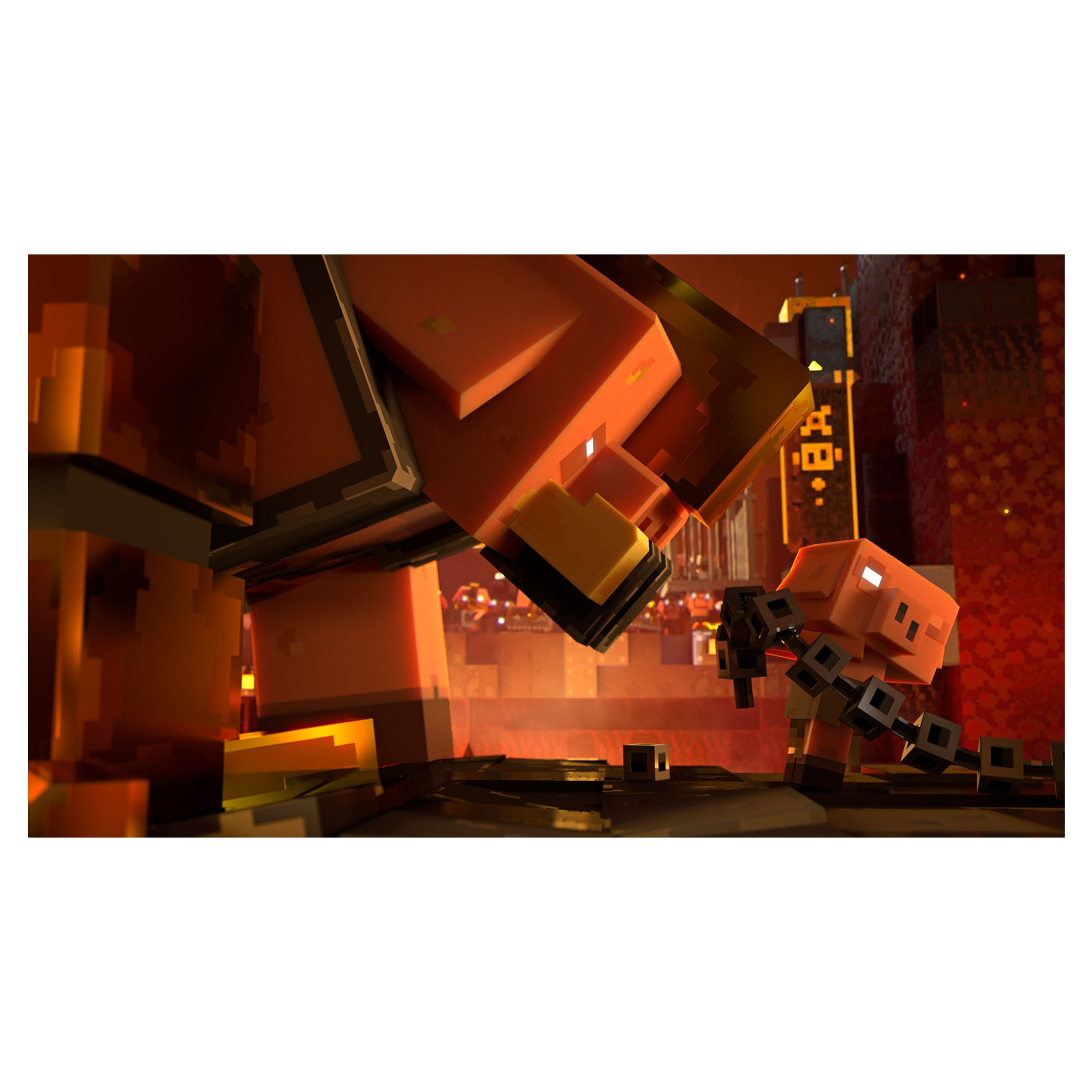 Duża świniak z Minecraft atakuje małą, przykutą świnię w ognistym otoczeniu.